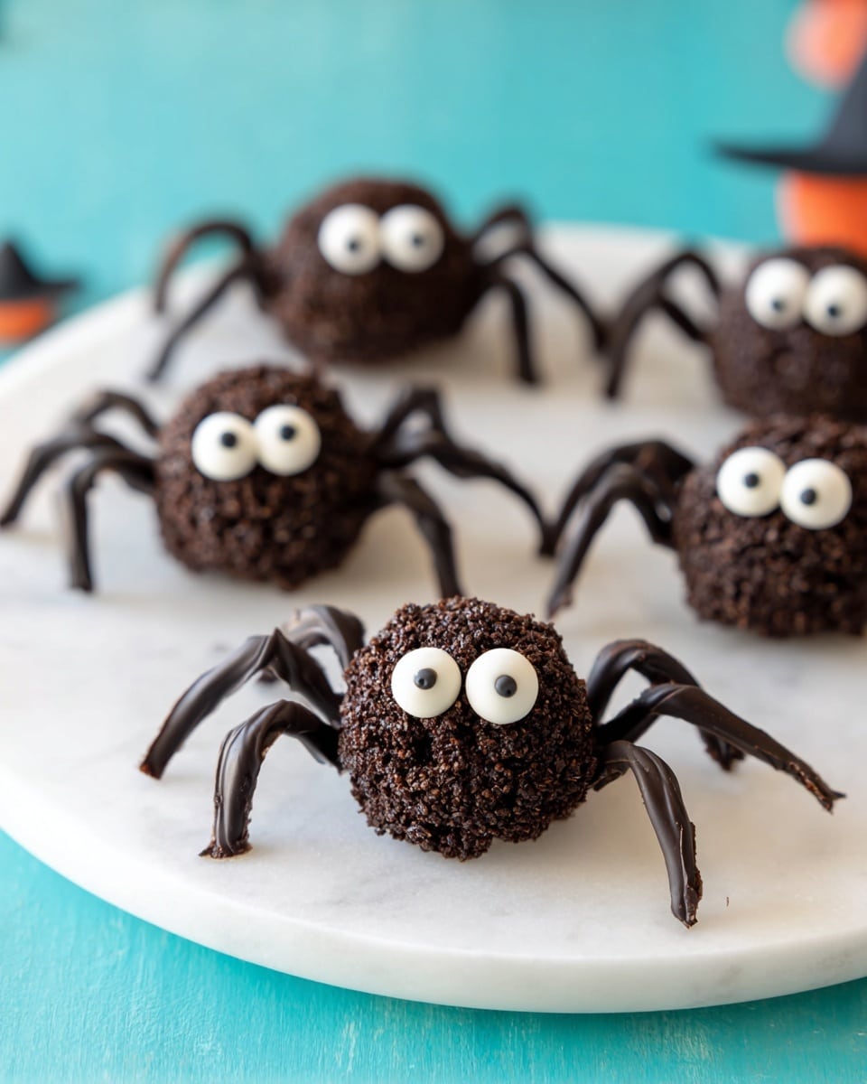 A white plate holds five spider-shaped treats, each made of a rough-textured dark chocolate ball base. They have two large, round white candy eyes with black centers placed on the front of the ball. Eight thin, curved dark chocolate legs extend from each side of the balls, giving the appearance of spiders. The plate is set on a white marbled surface with a blurred background of teal and bright colors. The image is bright and focused on the front spider with a shallow depth of field, showing only parts of the other spiders clearly. Photo taken with an iphone --ar 4:5 --v 7