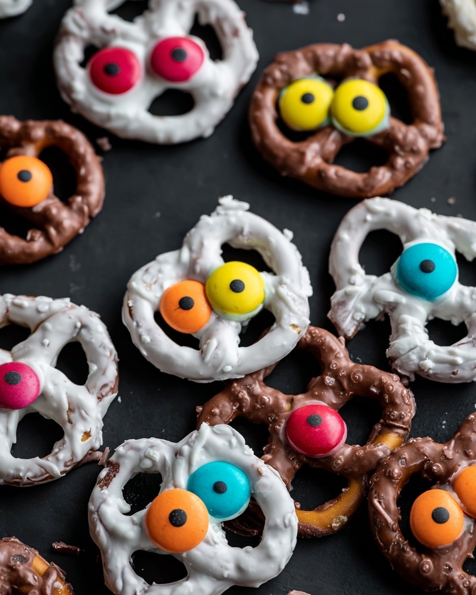 The image shows a white plate on a white marbled surface with six pretzels shaped like skulls. Three of the skull pretzels are coated in white chocolate and have bright colorful candy eyes in pairs: two red, two yellow with red dots, and two orange with green dots. The other three skull pretzels are covered in milk chocolate with candy eyes in blue with red dots, brown with green dots, and pink with red dots. Each pretzel skull has two round eye holes and a nose hole, with the colorful candies placed inside the eye holes, and the chocolate coating is smooth. The photo was taken with an iPhone --ar 4:5 --v 7