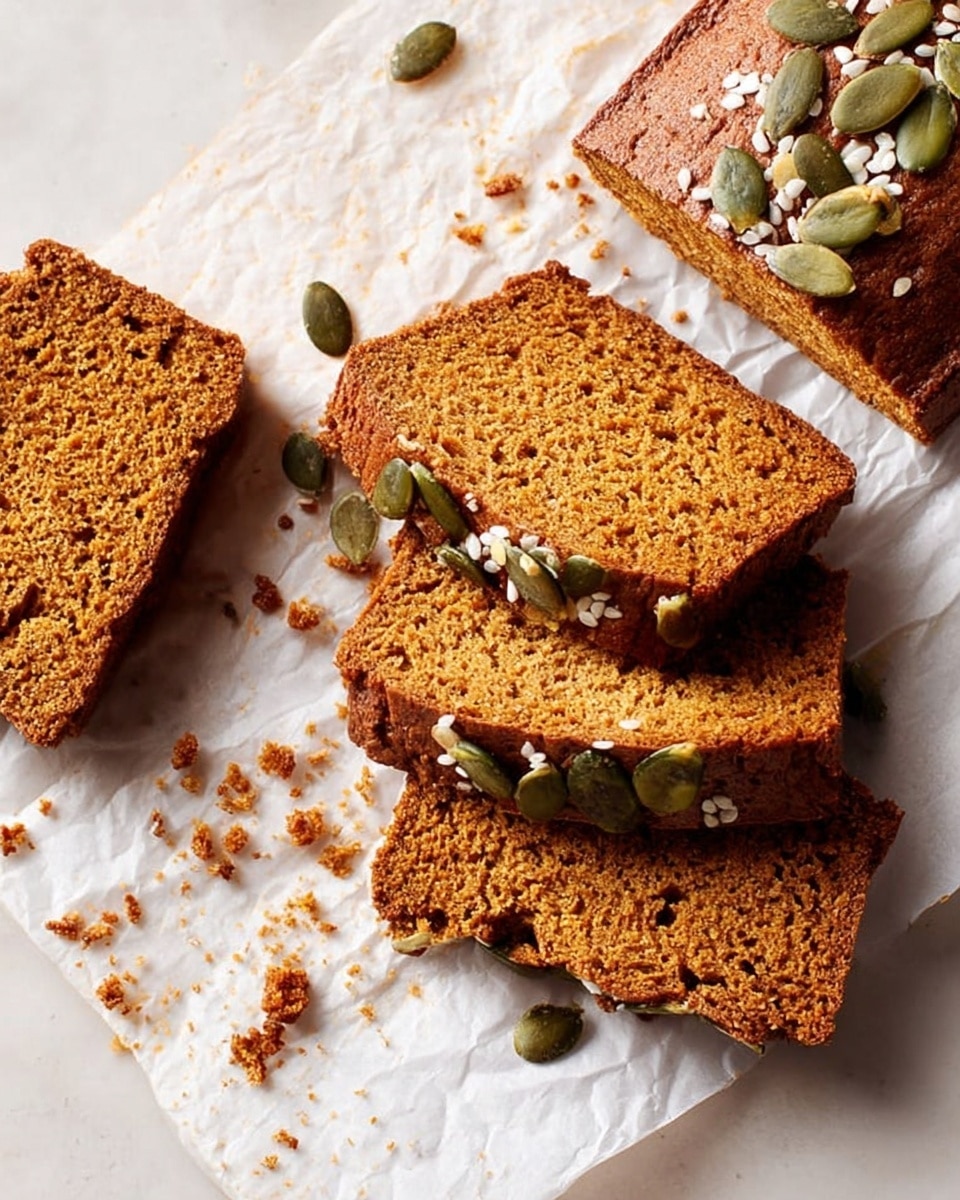 Four slices of brown bread stacked unevenly on a white marbled surface. Each slice has pumpkin seeds embedded in the crust along the edges, creating a textured green and brown border. The bread's inside is soft and light brown, with a slightly coarse texture. A few loose pumpkin seeds and crumbs are scattered around the base of the stack. The light highlights the crunchy surface of the crust and the soft inside layers. Photo taken with an iphone --ar 4:5 --v 7