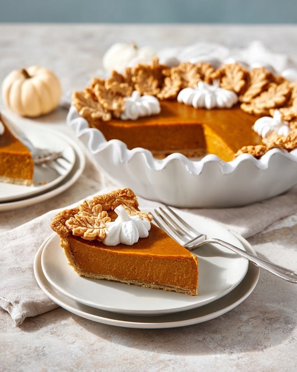 A pumpkin pie with a golden-brown crust sits on a white plate on a white marbled surface. The pie has a smooth, deep orange filling. The crust is thick and crimped around the edges. On top, there are small dough decorations shaped like pumpkins and swirly vines placed around the edge. A slice of pie is being served with a metal spatula, showing the same orange filling and crust layers. Photo taken with an iphone --ar 4:5 --v 7