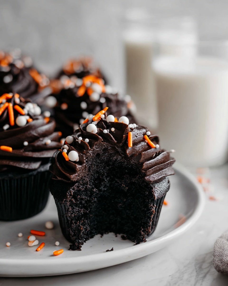 The image shows a close-up of a black cupcake with thick layers of dark chocolate frosting piped on top in a swirled pattern. The cupcake is decorated with small orange and white sprinkles, including tiny rods and round balls, scattered on the frosting. The cupcake liner is black, and one cupcake has a bite taken out of it, revealing the moist, dark cake inside. The cupcakes are placed on a white plate set on a white marbled surface, and in the background, there are two clear glasses filled with milk. Photo taken with an iphone --ar 4:5 --v 7