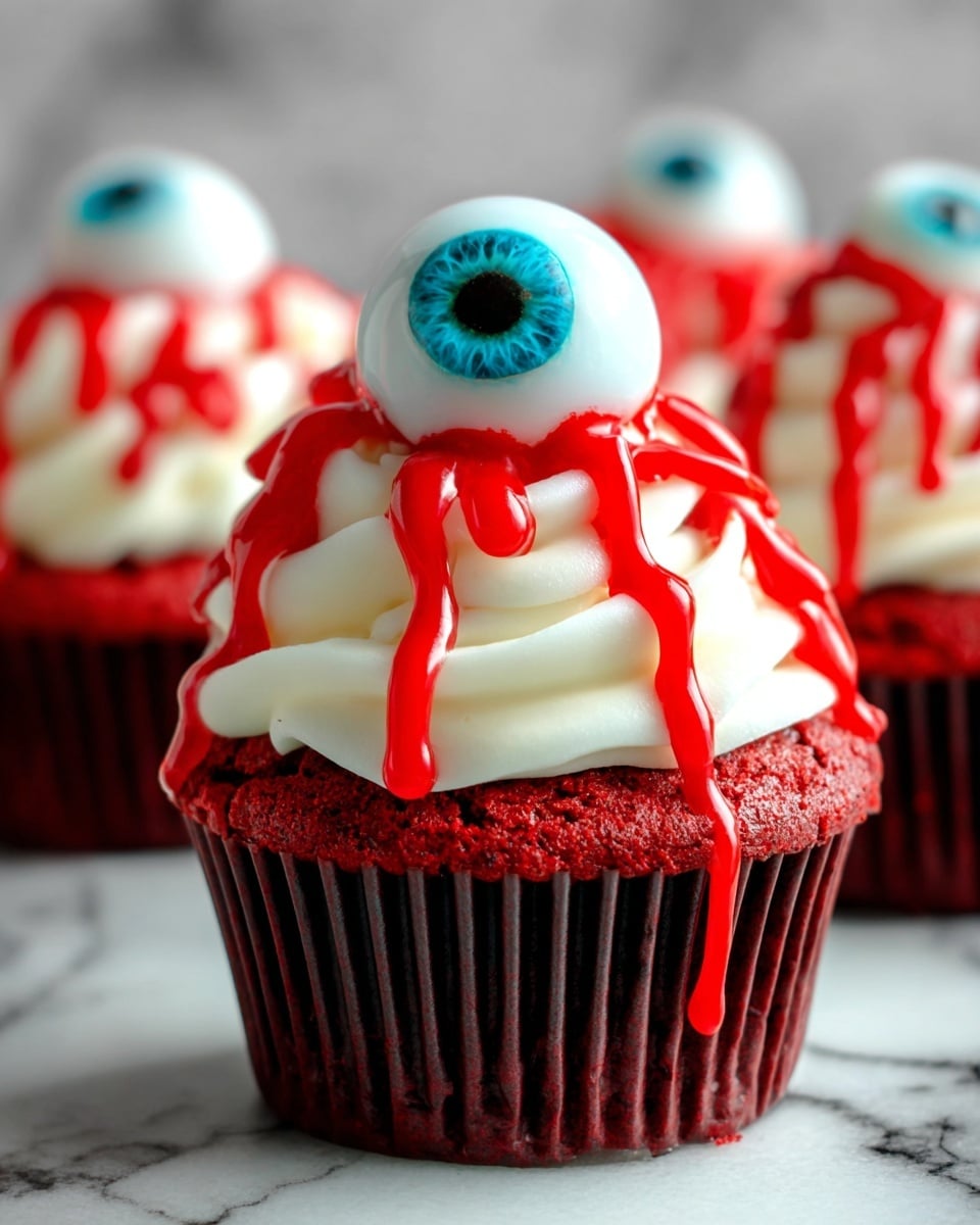 A red velvet cupcake with three thick layers of smooth white cream swirled on top, decorated with bright red icing dripping down the sides like blood. On the very top of the cream sits a realistic candy eyeball with a blue iris and a black pupil. The cupcake is in a dark wrapper, set against a white marbled surface. The photo shows a close-up view, focusing sharply on one cupcake with blurred cupcakes in the background. photo taken with an iphone --ar 4:5 --v 7