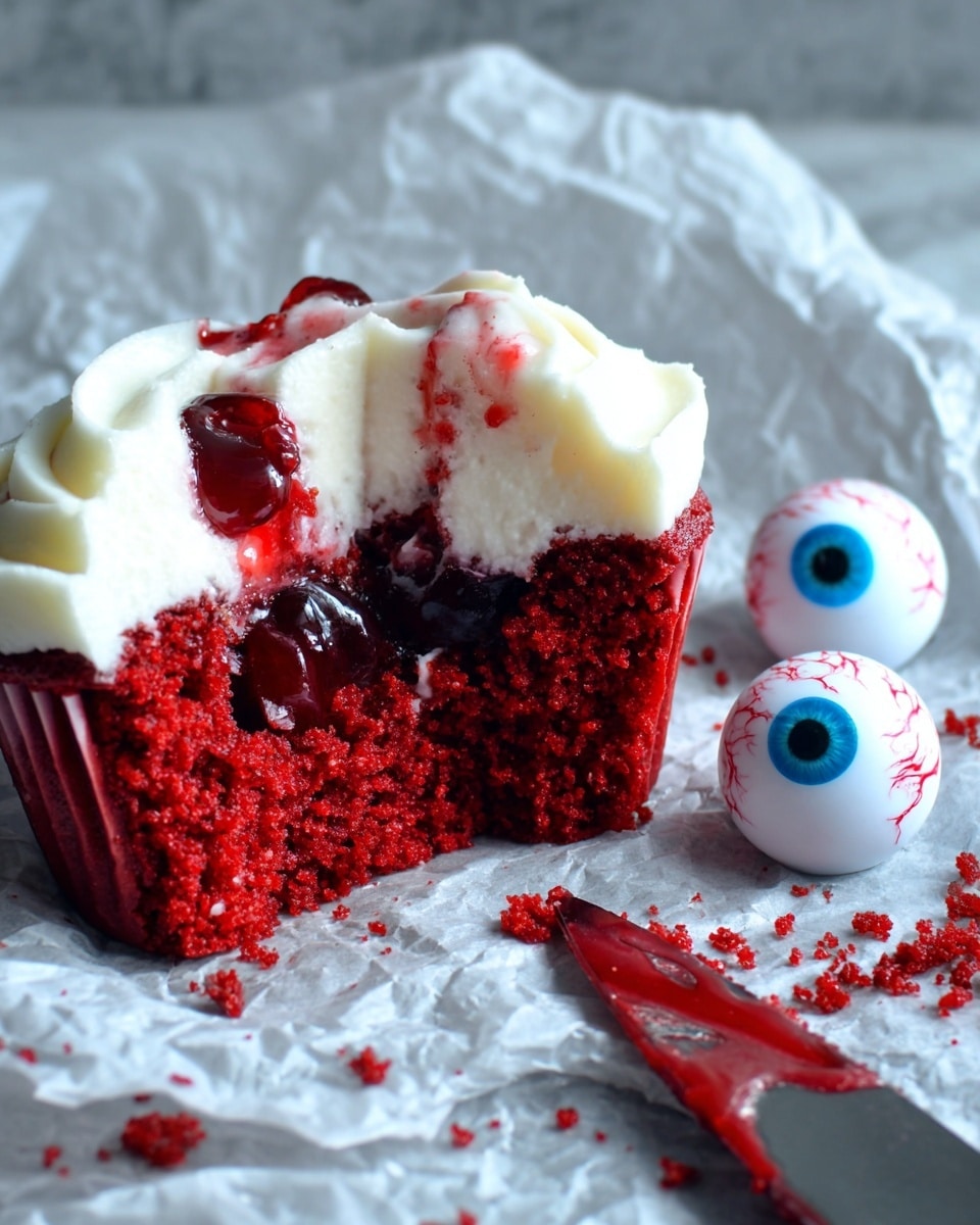 A split red velvet cupcake with deep red, soft and crumbly layers is topped with a thick layer of creamy white frosting that drips slightly down the side. Inside the cupcake, a glossy dark cherry filling adds a shiny contrast. The cupcake rests on crumpled translucent white parchment paper, placed on a white marbled surface. Two plastic eyeballs with blue irises and red veins are placed nearby, adding a spooky touch. A knife with traces of red crumbs is partially visible on the right side next to the cupcake photo taken with an iphone --ar 4:5 --v 7