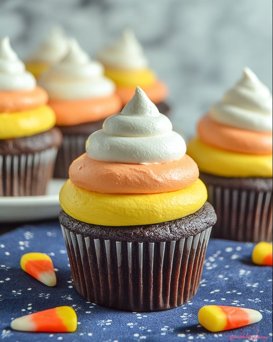 Six cupcakes are shown on a white square plate sitting on a white marbled surface with a wooden table partially visible. Each cupcake has three layers of frosting: the bottom layer is yellow, the middle layer is orange, and the top layer is a small dollop of white frosting with light brown sprinkles. The cupcakes have dark brown wrappers. Around the plate, there are small candy corn pieces scattered and a yellow cloth with white patterns. A woman's hand can be seen lightly holding one cupcake in the bottom left corner. Photo taken with an iphone --ar 4:5 --v 7