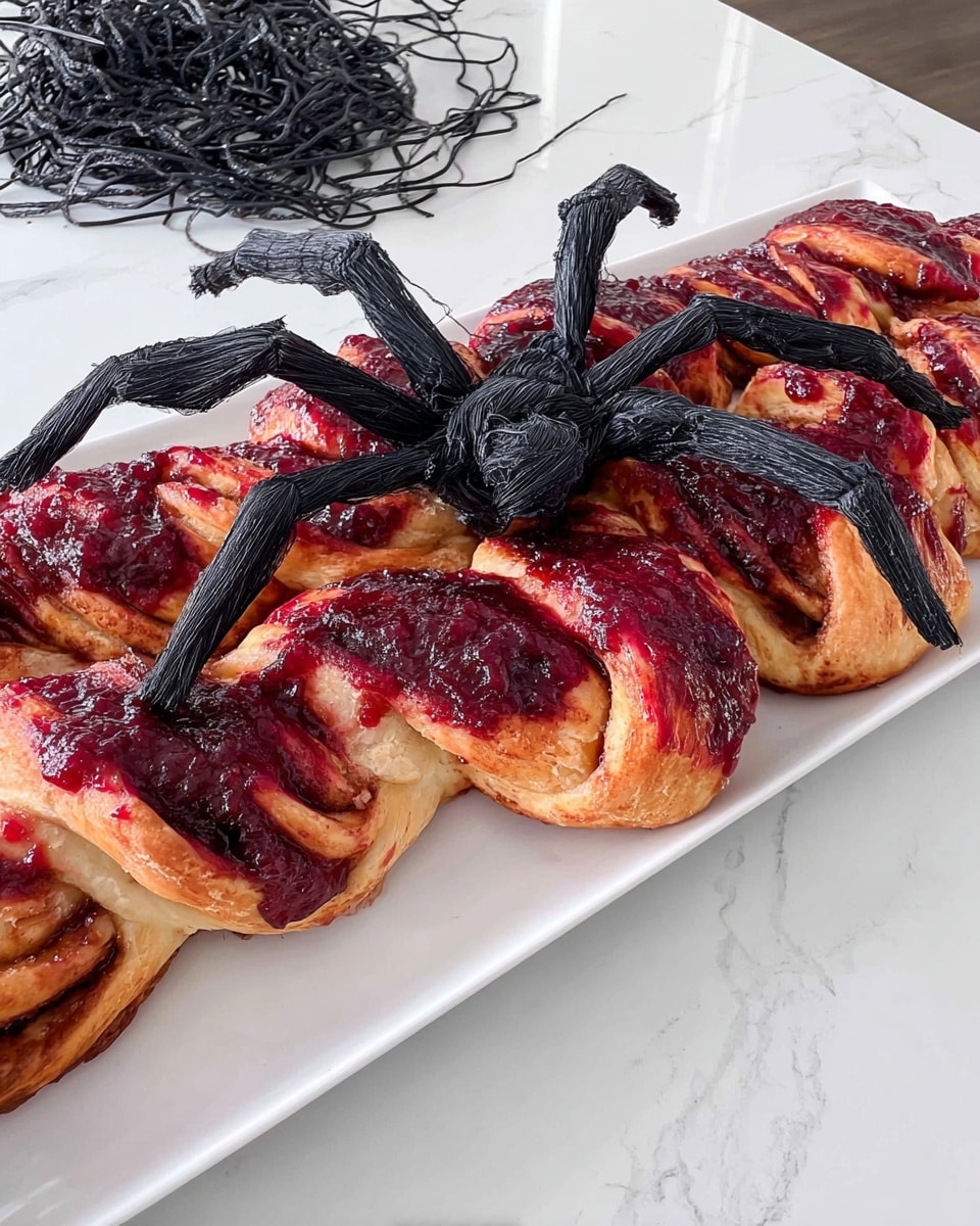 A white rectangular plate holds a twisted pastry with a thick, dark red sauce spread over the top unevenly, giving it a textured and slightly glossy look. The pastry underneath is pale golden with visible folds and creases, arranged in a continuous, snake-like loop covering most of the plate. Small plastic black spiders are placed on and around the pastry, adding a spooky touch. The plate sits on a white marbled surface with a loosely woven black cloth underneath, creating a contrast with the bright red sauce and the pale pastry. photo taken with an iphone --ar 4:5 --v 7