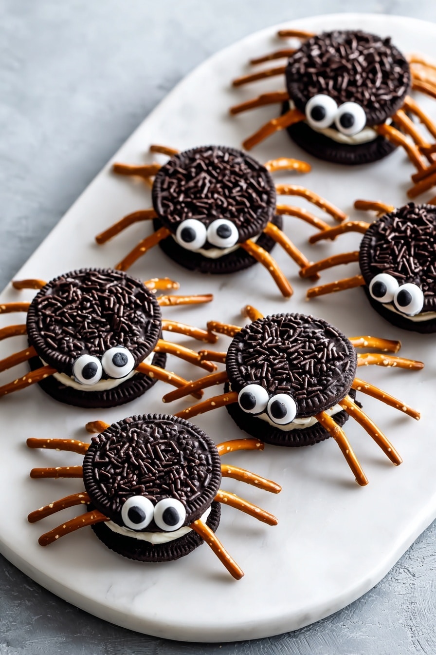 The image shows several spider-shaped treats made from sandwich cookies placed on a white plate and a white marbled surface. Each spider has a two-layered cookie body with the top cookie covered in glossy chocolate and small chocolate sprinkles. There are two round candy eyes on each cookie placed towards one side. Eight pretzel sticks are used as legs, with four on each side of the cookie, arranged to stick out straight and evenly spaced. The white plate with some spiders sits on the top left corner, while more spiders are scattered on the white marbled surface below and to the right, creating a playful and fun scene. Photo taken with an iphone --ar 2:3 --v 7 - Oreo Cookie Spiders, Halloween dessert ideas, fun kid-friendly snacks, easy Halloween treats, spooky party desserts