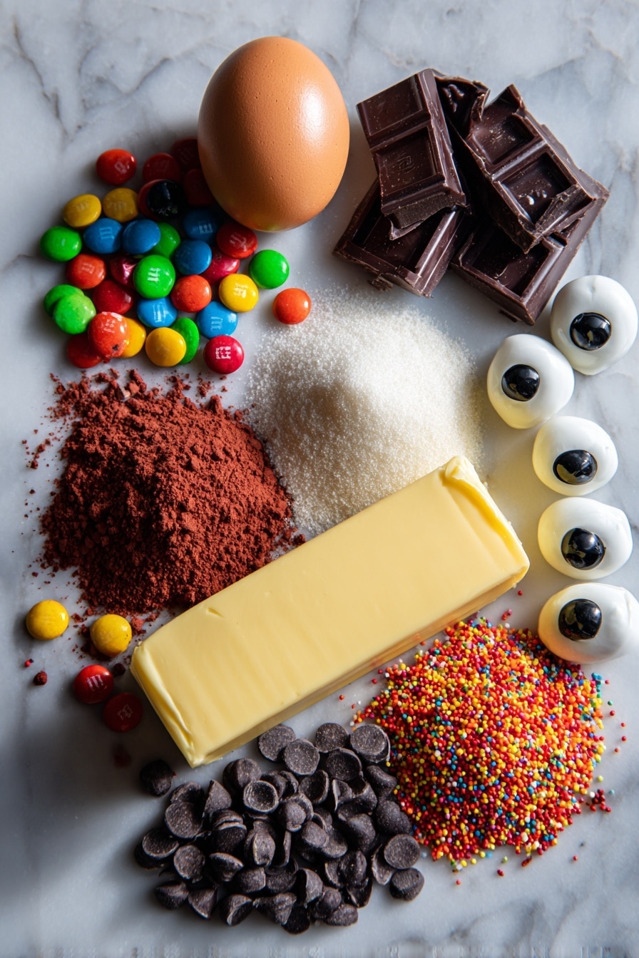 Flat lay of smooth unsalted butter stick with a creamy pale yellow color, a large glossy brown egg, small heaps of fine white granulated sugar, rich dark brown unsweetened cocoa powder in a soft pile, bright colorful M&Ms in reds, greens, blues, and yellows scattered beside golden-orange Reese’s Pieces, shiny dark semisweet chocolate chips with a glossy finish, vibrant multicolored Halloween sprinkles in orange, black, and purple, and small white candy eyeballs with black centers arranged naturally with some overlapping and casting soft shadows, placed on white marbled surface, photo taken with an iphone --ar 2:3 --v 7 - Halloween Cookies, Halloween Cookies Recipe, Festive Halloween Cookies, Spooky Halloween Cookie Ideas, Candy-topped Halloween Cookies