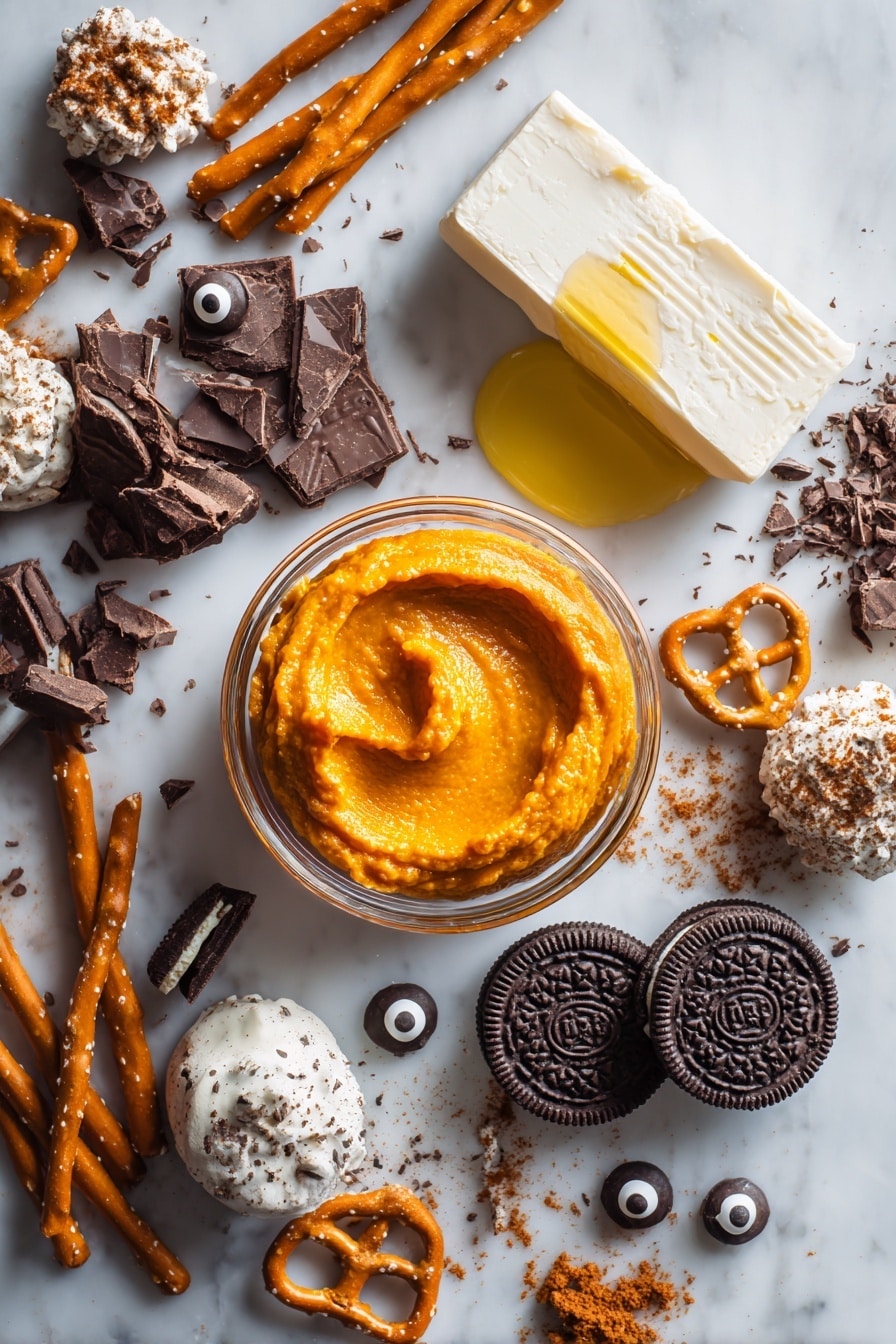 Flat lay of fresh pumpkin puree in a small clear bowl showing its bright orange, smooth texture, cream cheese block with its soft, creamy white surface, golden melted butter in a small puddle, glossy semi-sweet chocolate chunks with deep brown shine, fine light brown pumpkin pie spice powder scattered delicately, mini pretzels arranged as little curved sticks with a crunchy texture, whole normal-sized Oreo with its dark chocolate color and white cream center visible, and shiny round candy eyes with white and black detailing, all artfully spread out and balanced to show their natural colors and textures, placed on white marbled surface, photo taken with an iphone --ar 2:3 --v 7 - Spider Pie for Halloween, Halloween pumpkin cheesecake, spooky Halloween dessert, festive Halloween pie, Halloween themed dessert