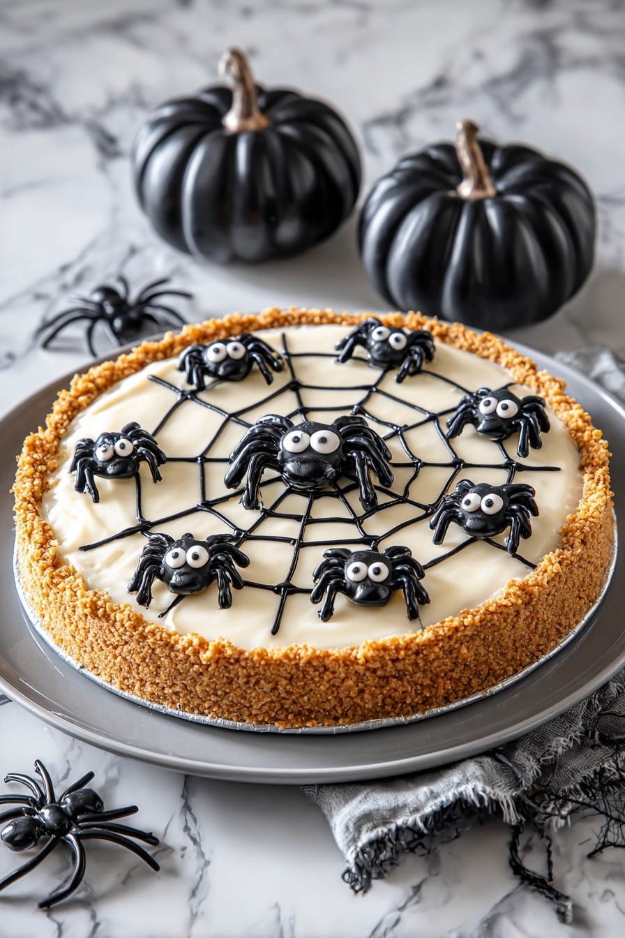 A round pie with a light brown crumb crust on the edge and smooth, creamy white filling on top, decorated like a spider web made from thin black lines starting from the center and spreading out to the edges. On top of the web, there are nine small spider shapes made from black sandwich cookies with big white candy eyes; the largest spider is in the middle with pretzel pieces as legs, while the smaller spiders are spread around it with black icing legs drawn beside them. The pie sits on a gray plate on a white marbled surface, with some black plastic spider decorations and two black decorative pumpkins nearby. Photo taken with an iphone --ar 2:3 --v 7 - Spider Pie for Halloween, Halloween pumpkin cheesecake, spooky Halloween dessert, festive Halloween pie, Halloween themed dessert
