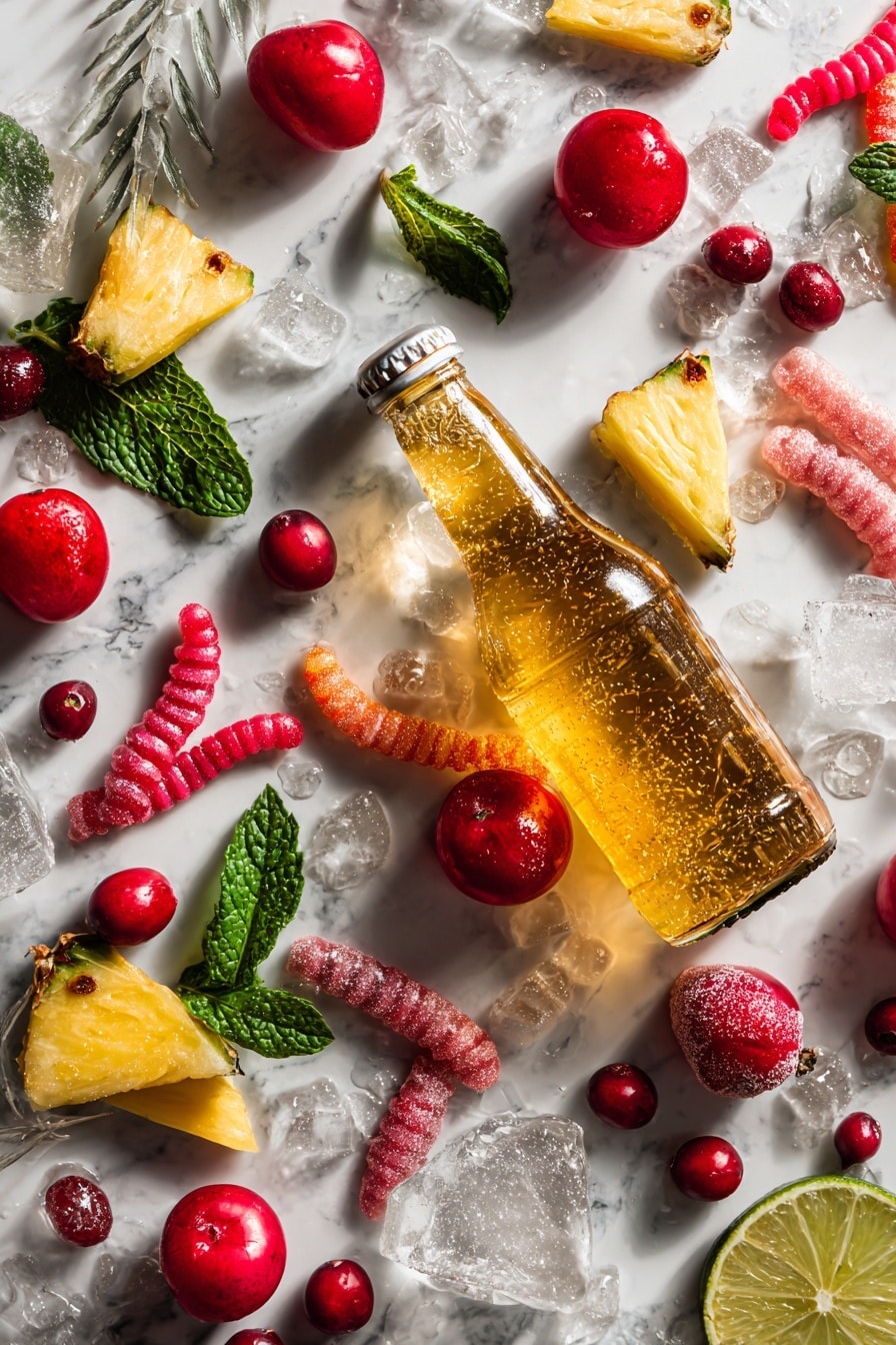 Flat lay of vibrant red cranberries and golden pineapple chunks, bright green fresh mint leaves scattered around, translucent ice cubes glistening with a touch of edible gold glitter dust, clear coconut water in a small glass container, bubbling amber ginger ale bottle with condensation, colorful gummy eyeballs, vampire teeth, and worms arranged playfully, all placed on white marbled surface, photo taken with an iphone --ar 2:3 --v 7 - Halloween Punch with Gummy Eyeballs and Edible Gold Glitter, spooky Halloween punch, Halloween party drink, festive Halloween beverage, creepy Halloween cocktail