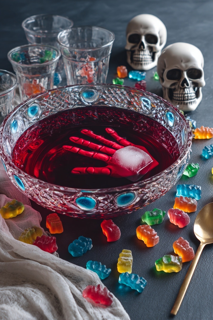 A large clear bowl filled with a deep red liquid with a white ice mold shaped like a woman's hand floating in the center; the bowl is decorated on its outer edge with multiple colorful gummy eyeballs in blue, green, and orange, as well as gummy teeth, with additional gummy candies scattered around the bowl on a dark surface; the scene includes a gold spoon and transparent skull-shaped jars, with a soft white cloth draped partially in the corner. photo taken with an iphone --ar 2:3 --v 7 - Halloween Punch with Gummy Eyeballs and Edible Gold Glitter, spooky Halloween punch, Halloween party drink, festive Halloween beverage, creepy Halloween cocktail