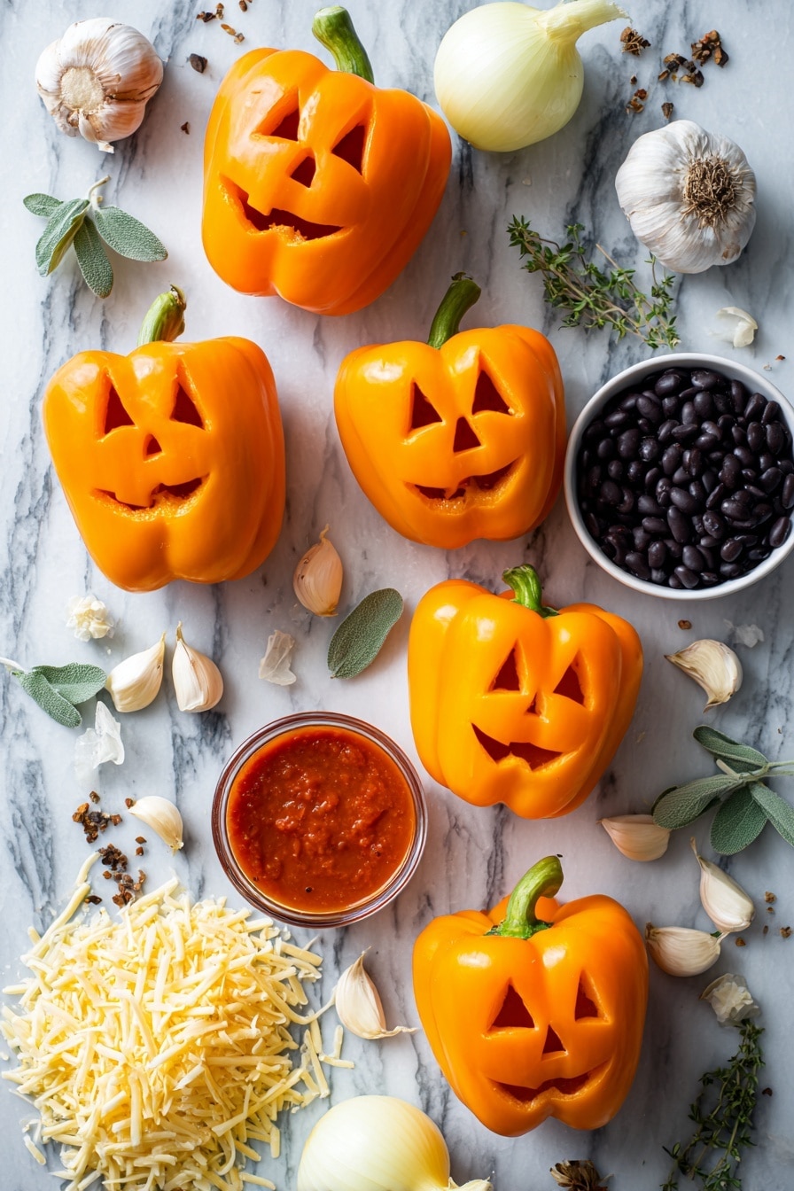 Flat lay of eight vibrant orange bell peppers, some whole and some with carved jack-o'-lantern faces showing their hollow interiors, fresh yellow onion chunks with papery skins partially peeled back, plump black beans scattered around, bright red tomato sauce in a small natural pool, cloves of garlic with papery white skins and one peeled clove showing smooth texture, fresh green dried oregano and basil leaves sprinkled gently, and a small pile of shredded pale yellow cheddar cheese with soft curls, all arranged naturally and invitingly, placed on white marbled surface, photo taken with an iphone --ar 2:3 --v 7 - Jack-O'-Lantern Stuffed Peppers, Halloween stuffed peppers, festive stuffed peppers recipe, stuffed peppers for fall, healthy Halloween dinner