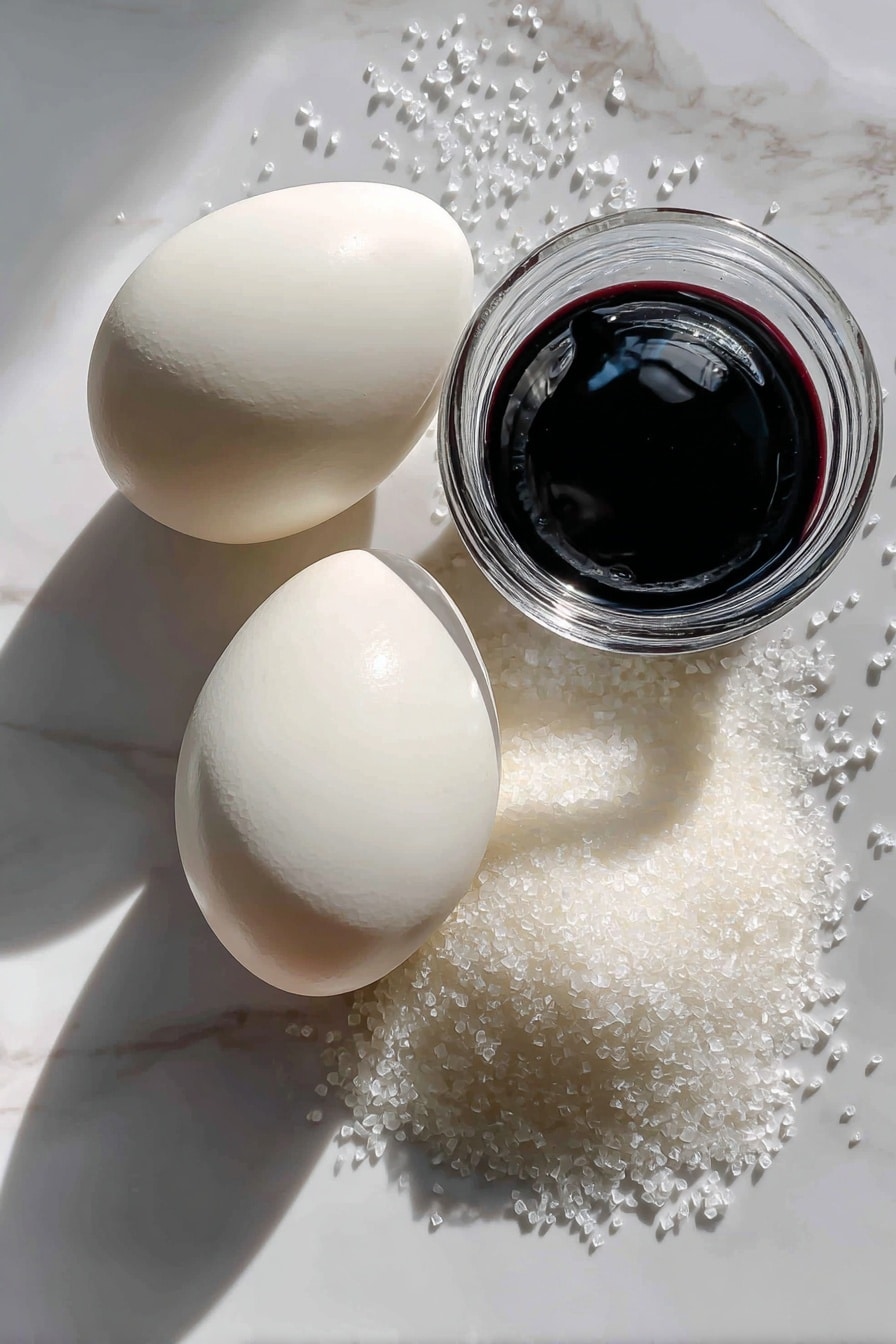 Flat lay of two smooth, glossy egg whites in their natural oval shape with pale cream shells, a small mound of fine, sparkling white caster sugar crystals catching the light, and a small open jar of deep black food coloring gel with a rich, glossy texture, all neatly arranged with soft shadows and natural highlights, placed on white marbled surface, photo taken with an iphone --ar 2:3 --v 7 - Meringue Ghosts Halloween Treats, Spooky Meringue Decorations, Easy Meringue Cookies for Halloween, Kid-Friendly Halloween Desserts, Festive Ghost Meringues