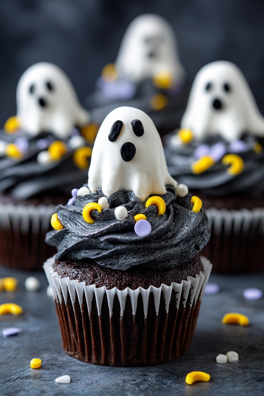 A dark chocolate cupcake in a white paper liner with Halloween pumpkin faces is topped with thick, glossy black frosting swirled in a single layer. On top of the frosting sits a white meringue ghost with two black round eyes and a small black round mouth, giving a surprised expression. Around the base of the ghost are colorful round and crescent-shaped sprinkles in yellow, lavender, and white. The cupcake is placed on a dark surface with more white meringue ghosts with similar faces blurred in the background. photo taken with an iphone --ar 2:3 --v 7 - Meringue Ghosts Halloween Treats, Spooky Meringue Decorations, Easy Meringue Cookies for Halloween, Kid-Friendly Halloween Desserts, Festive Ghost Meringues