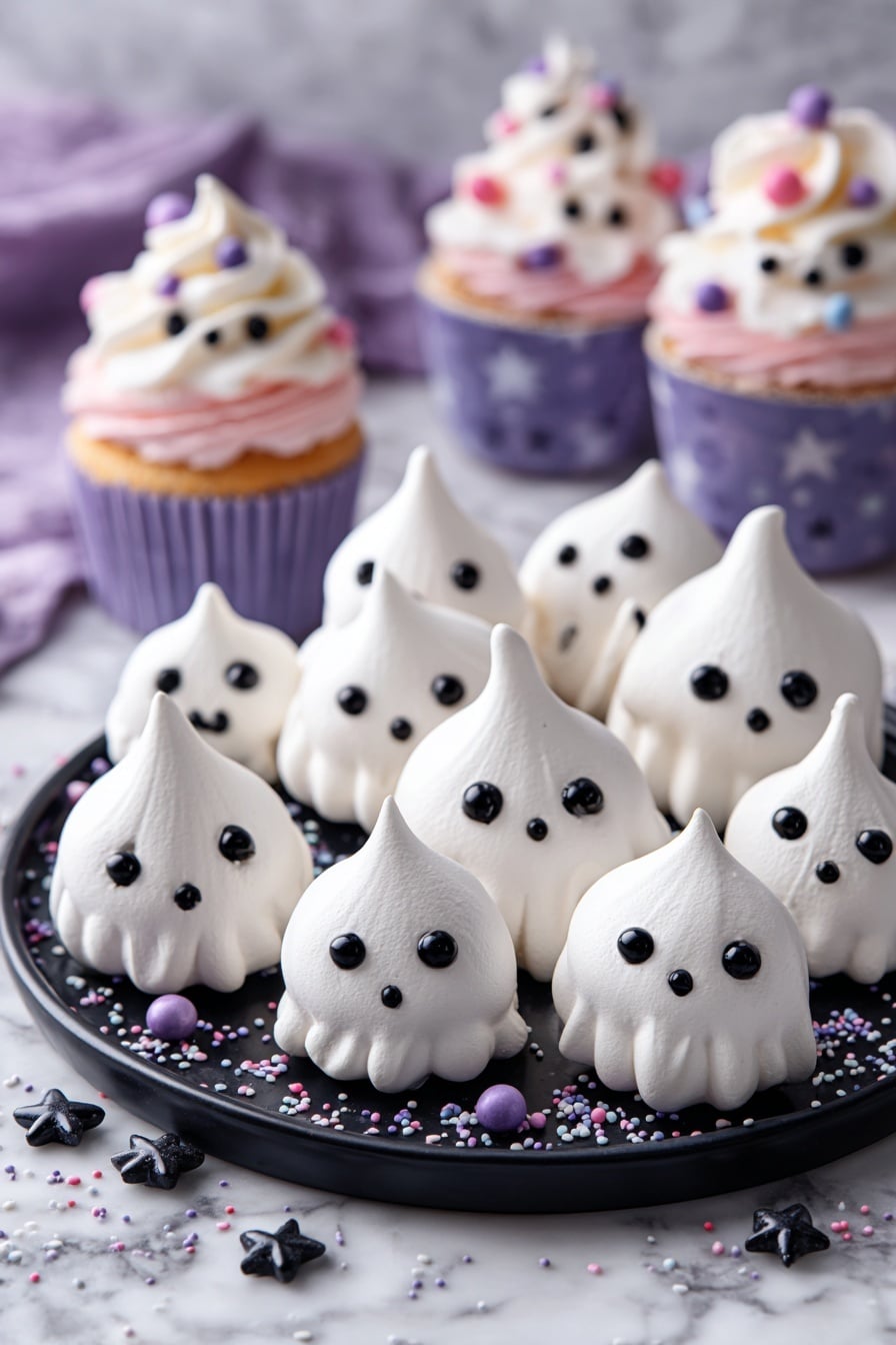 The image shows a round black tray filled with many white meringue ghosts in different shapes and sizes. Each ghost has small black eyes and a mouth made from black dots, giving them cute and spooky expressions. The ghosts have smooth, pointed tops and are arranged close to each other, creating a fun Halloween look. Small round and star-shaped purple, black, and white sprinkles are scattered on the tray around the ghosts. In the blurred background, a cupcake topped with a similar white meringue ghost and colorful candy decorations can be seen. The surface underneath is a white marbled texture. Photo taken with an iphone --ar 2:3 --v 7 - Meringue Ghosts Halloween Treats, Spooky Meringue Decorations, Easy Meringue Cookies for Halloween, Kid-Friendly Halloween Desserts, Festive Ghost Meringues