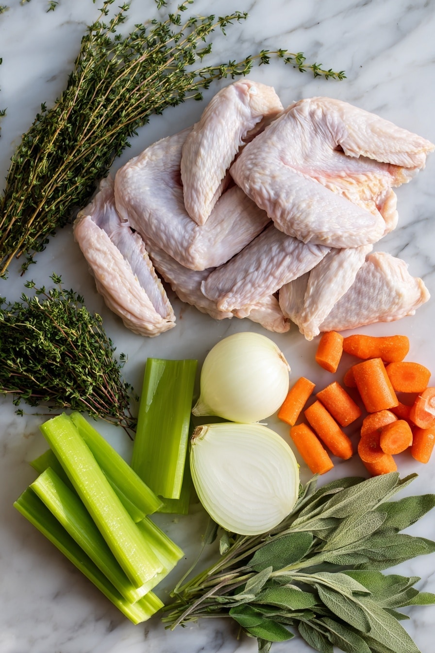 Flat lay of fresh raw turkey wings with their pale pink, slightly glossy skin arranged alongside two halved onions showing their smooth white layers, vibrant orange carrot chunks with a slightly rough texture, bright green celery stalks cut into crisp pieces, a handful of fresh curly parsley with deep green leaves, sprigs of thyme featuring tiny oval leaves on woody stems, and fresh sage leaves with soft, velvety gray-green surfaces, all beautifully spread out in a natural, slightly overlapping arrangement, placed on white marbled surface, photo taken with an iphone --ar 2:3 --v 7 - Homemade Turkey Stock, turkey stock recipe, turkey leftovers broth, savory turkey broth, homemade poultry stock