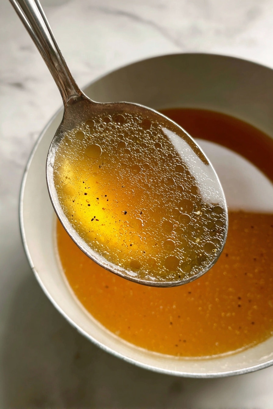 A close-up image of a shiny metal ladle holding clear golden broth with some small bubbles and light specks. The ladle is lifted over a white enamel pot with a blue checkered pattern on the outside. The broth inside the pot looks the same golden color and smooth texture as in the ladle. The pot is placed on a surface with a white marbled texture. photo taken with an iphone --ar 2:3 --v 7 - Homemade Turkey Stock, turkey stock recipe, turkey leftovers broth, savory turkey broth, homemade poultry stock