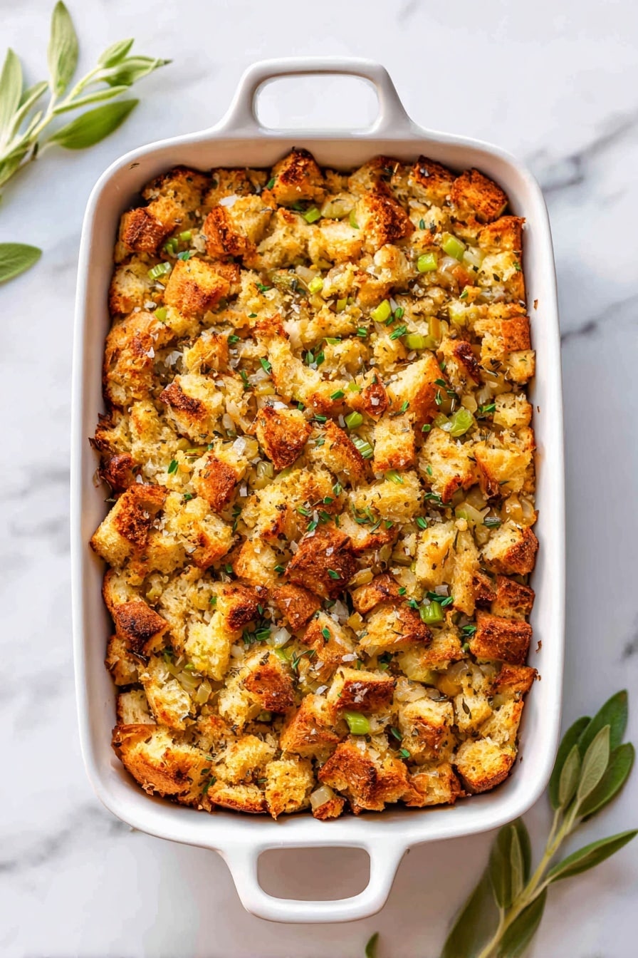 The image shows a white ceramic baking dish filled with a golden brown stuffing mixture. The stuffing consists of several chunky pieces of toasted bread mixed with visible bits of cooked onions and herbs, sprinkled evenly throughout the top. The surface looks crispy with small crunchy edges, and there are finely chopped green herbs spread over the entire top, adding a fresh color contrast. The baking dish sits on a white marbled surface, and a few scattered herb leaves are placed nearby for decoration. photo taken with an iphone --ar 2:3 --v 7 - Buttery Herb Stuffing, savory holiday stuffing, herb-infused stuffing, easy stuffing recipe, flavorful stuffing side dish