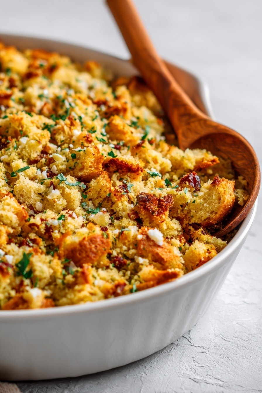 The image shows a close-up view of a dark brown small bowl filled with a mixed food dish. The dish has several layers of stuffing made of bread pieces that are light brown and golden colored with toasted textures, mixed with visible small bits of cooked bacon pieces that add a reddish-brown color. There are also some herbs and spices scattered through the stuffing, giving green and yellow accents. The bowl is placed on a white marbled surface with another similar bowl blurred in the background. The lighting highlights the crunchy texture and warmth of the food, making it look fresh and ready to eat. Photo taken with an iphone --ar 2:3 --v 7 - Double Bread Stuffing with Bacon, Sage, and Leeks, savory bread stuffing with bacon and sage, holiday stuffing recipes, flavorful bread side dish, leek and sage stuffing