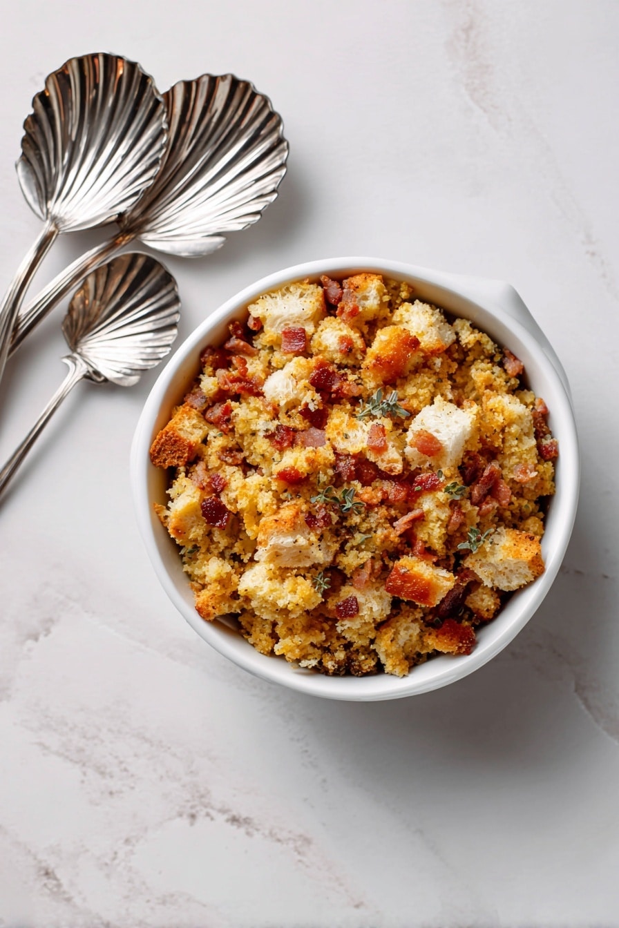 The dish shows a close-up view of a casserole filled with crumbled bread pieces in light golden and beige shades, mixed with green leafy herbs and small bits of reddish-brown items, all in a white ceramic dish visible at the bottom edge. A wooden spoon rests on top, with some crumbs and herbs on it, slightly blurred background to emphasize the texture of the bread and herbs. The surface beneath the dish is a white marbled texture. photo taken with an iphone --ar 2:3 --v 7 - Double Bread Stuffing with Bacon, Sage, and Leeks, savory bread stuffing with bacon and sage, holiday stuffing recipes, flavorful bread side dish, leek and sage stuffing