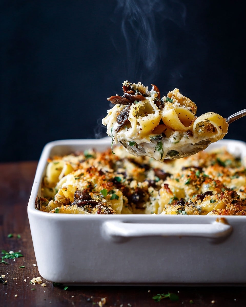 A white rectangular baking dish filled with a baked dish that has a golden brown crust on top, sprinkled with toasted breadcrumbs and herbs. Scattered on the top layer are dark brown and golden sautéed mushrooms with a slightly crispy texture. Below the mushroom layer, the dish shows a creamy white sauce mixed with tender pasta pieces. The dish sits on a dark wooden surface with some green herbs in the background, and a large silver spoon lies next to the dish at the bottom right corner. photo taken with an iphone --ar 4:5 --v 7