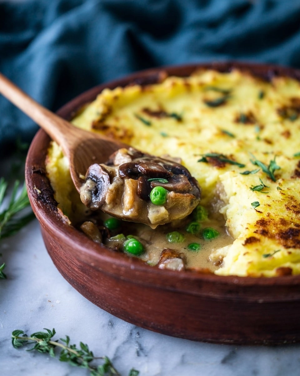 A close-up view of a brown round ceramic dish filled with a layered savory pie. The top layer is a golden-yellow mashed potato crust with lightly browned spots and green herb leaves scattered on it. Beneath this crust, there is a thick filling consisting of brown mushrooms, bright green peas, and chunky beige pieces in creamy sauce, visible where a wooden spoon is scooping out part of the dish. The dish sits on a white marbled surface, accompanied by some green herb sprigs and a blue cloth in the blurred background. Photo taken with an iphone --ar 4:5 --v 7