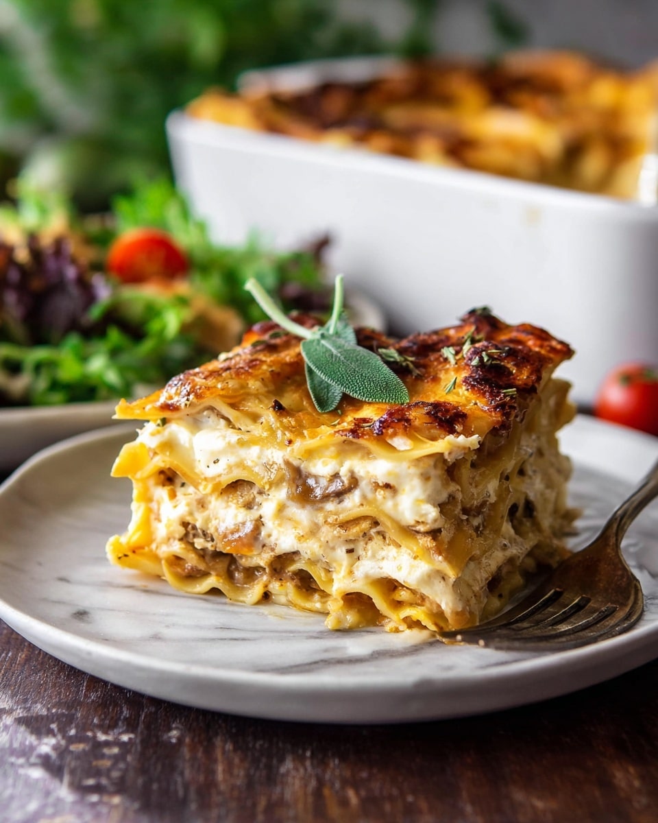 A close-up of a square slice of lasagna on a white plate, showing four distinct layers of wavy noodles with creamy, light brown and white fillings in between, topped with a golden-brown baked cheese layer and a green sage leaf. Behind the lasagna is a portion of fresh green salad with some pieces of red tomato, and a silver fork resting on the plate's edge. The background features a white baking dish with baked lasagna and the surface is dark wood, replaced by a white marbled texture in this description. Photo taken with an iphone --ar 4:5 --v 7