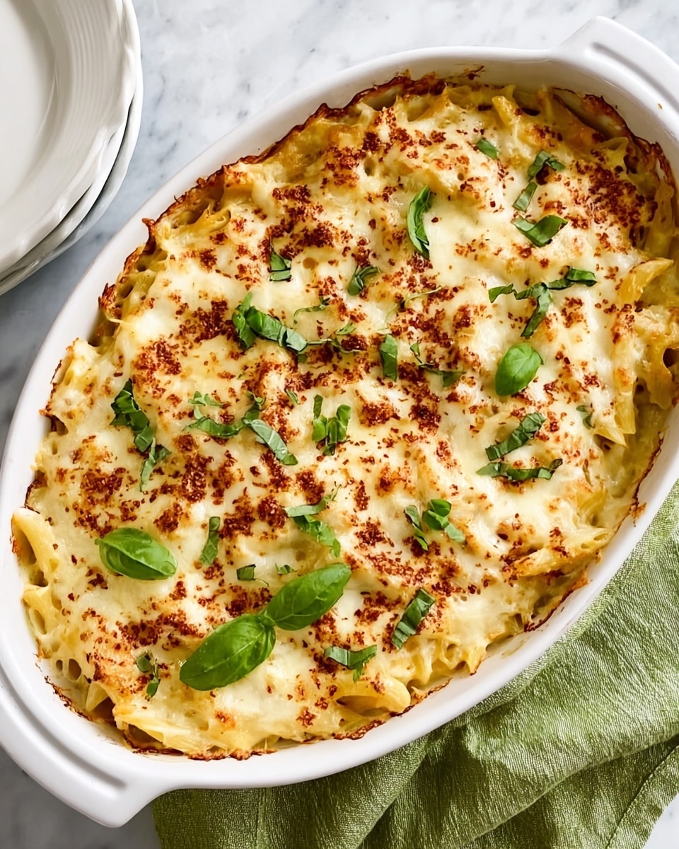 A white plate on a white marbled surface holds a serving of baked pasta with three main layers: the bottom layer has penne pasta mixed with chunks of white chicken and wilted green spinach leaves, the middle layer is creamy with a light green sauce blending into the pasta, and the top layer is melted cheese, slightly browned and bubbly, covering some pasta edges. A small fresh basil leaf garnishes the top. Beside the plate is a white casserole dish filled with more of the same baked pasta and a golden spoon resting inside. A woman's hand holding a fork is poised near the edge of the plate. A glass of light yellow drink sits in the background next to a beige cloth napkin. photo taken with an iphone --ar 4:5 --v 7
