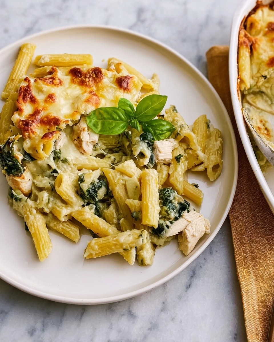 A white oval baking dish filled with baked pasta in creamy cheese sauce, covered with melted cheese that is slightly browned and sprinkled with red spice powder. The top layer of cheese is smooth and stringy with scattered bright green basil leaves for decoration. The dish is placed on a white marbled surface with a green cloth beside it, and a white plate with a fork and knife in the background. photo taken with an iphone --ar 4:5 --v 7