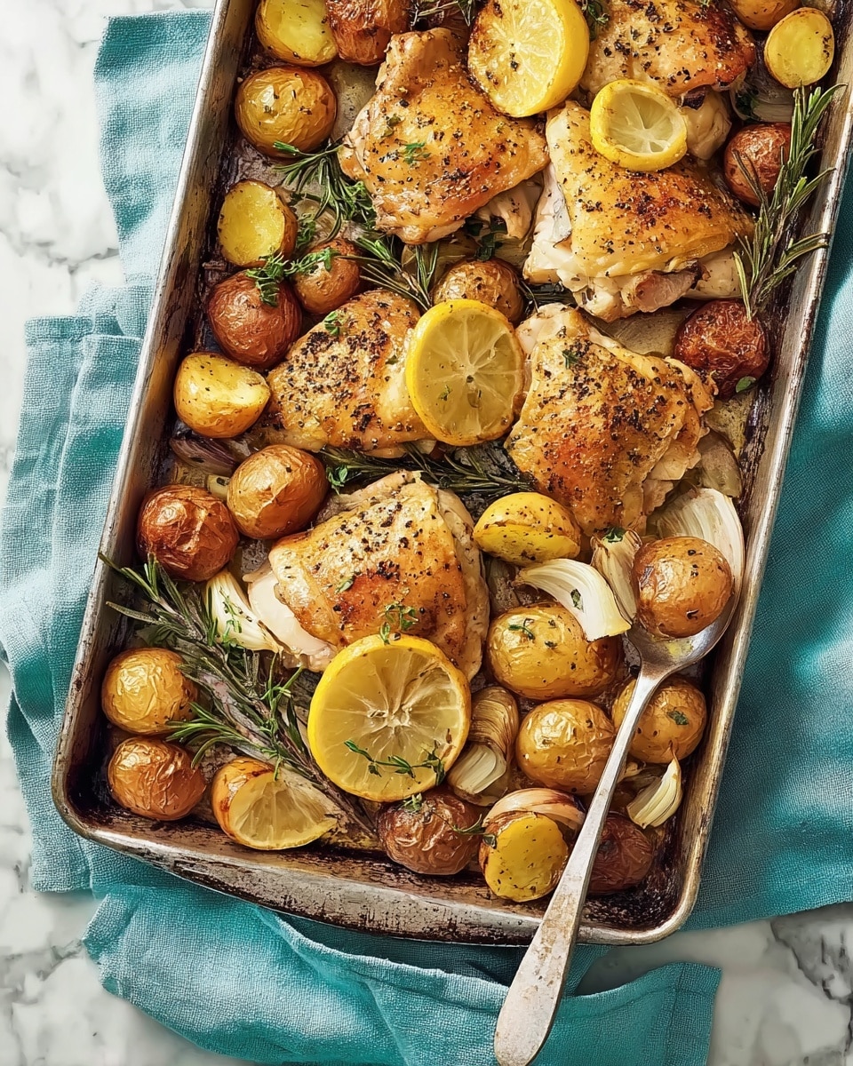 A large metal baking tray holds a mix of roasted food items: golden brown chicken pieces scattered on top, with a visible rough texture and sprinkled with black pepper. Below and around the chicken, there are small round potatoes with a warm brown skin, some whole peeled garlic cloves, and several slices of bright yellow lemon with a slightly roasted look. Sprigs of fresh green rosemary are placed thinly across the dish, adding color and detail. The tray sits on a light blue cloth which is spread over a white marbled surface, with a piece of rustic bread broken near the corner of the tray. Photo taken with an iphone --ar 4:5 --v 7