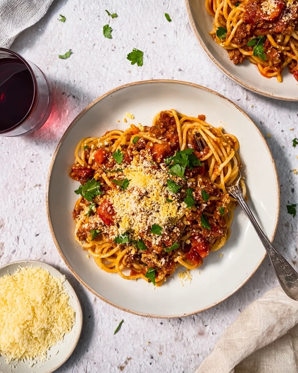 Two white plates on a white marbled surface hold servings of spaghetti with a rich red tomato sauce mixed with ground meat and small tomato chunks. Each plate is topped with a golden, melted cheese layer sprinkled with grated cheese and garnished with fresh green parsley leaves. A silver fork rests inside the plate at the bottom right. Nearby, a small white plate holds a heap of finely grated pale yellow cheese. Two glasses filled with dark red wine are placed on the top right, next to a white cloth napkin with a red grid pattern. Photo taken with an iphone --ar 4:5 --v 7