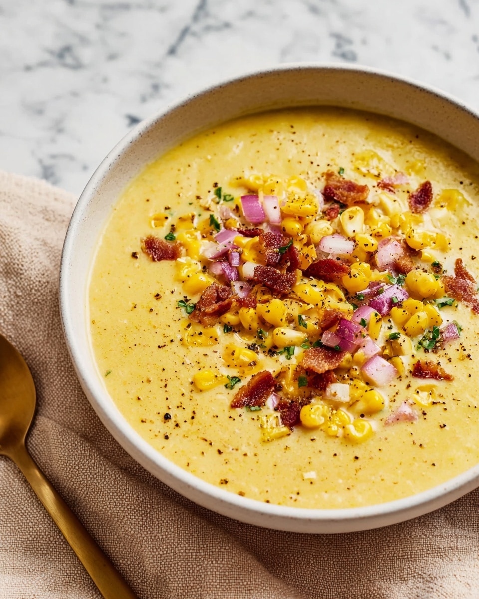 A white bowl filled with creamy yellow corn soup topped with small pieces of yellow corn, crispy brown bits, finely chopped purple onion, and green herbs scattered evenly on the surface. The soup has a smooth texture with some visible small corn pieces inside. The bowl is on a white marbled surface, next to two gold-colored spoons placed on a white cloth napkin, with a glass of water nearby and another white bowl filled with similar yellow corn and toppings partially visible in the top right corner. Photo taken with an iphone --ar 4:5 --v 7