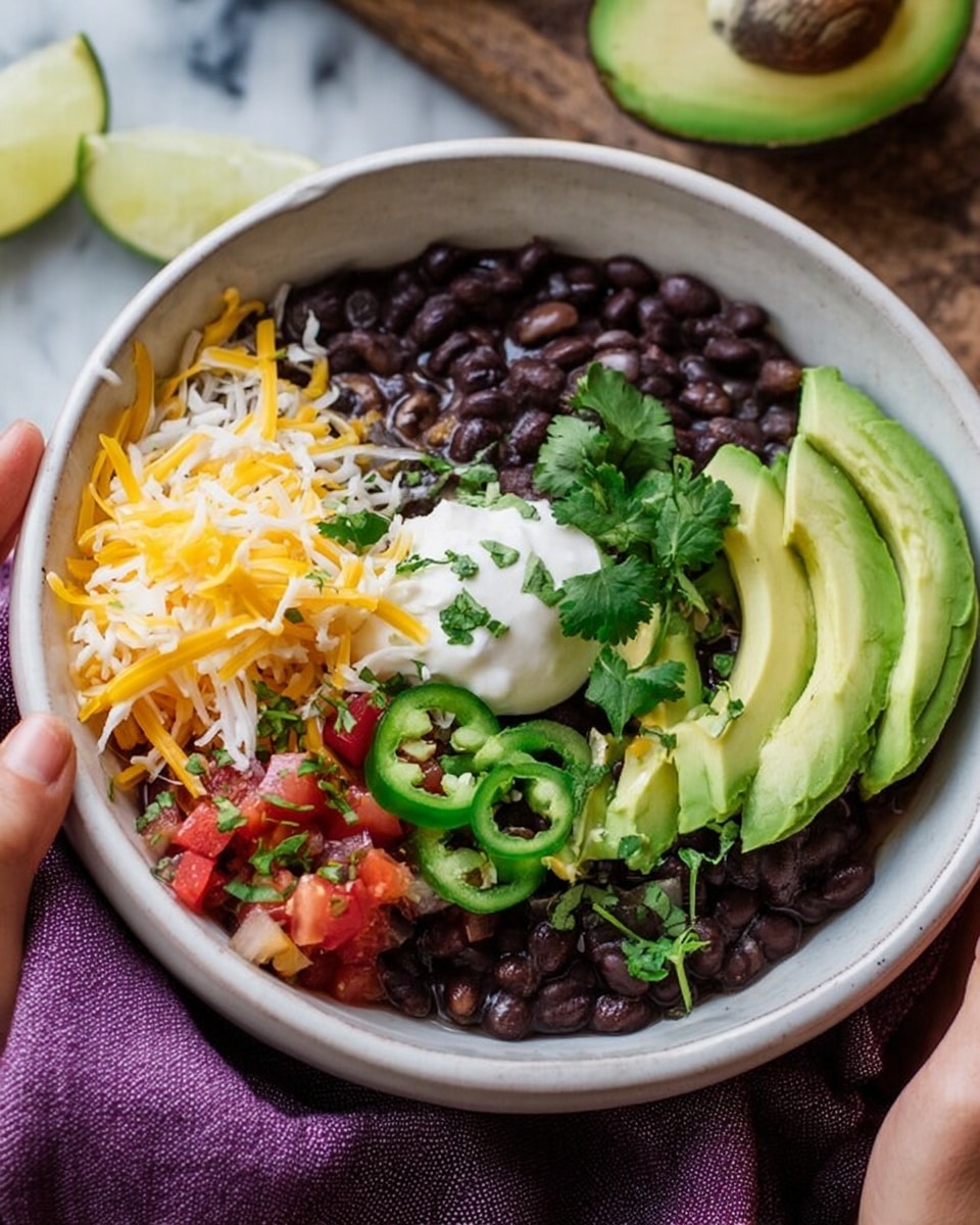 Two bowls filled with dark black beans as the base layer cover most of the inside. On top, there are thin slices of light green avocado positioned to one side, small bright yellow shredded cheese, and scattered green jalapeno slices. Bright red diced tomatoes mixed with white onions and green herbs are placed on the beans in both bowls. Lime wedges sit nestled among the toppings, and fresh green cilantro leaves are spread around. One bowl has a dollop of white sour cream blending with the beans. The bowls are on a textured rough wooden surface with a purple cloth underneath one bowl and lime wedges around. A spoon is inside one bowl. Nearby is a glass jar filled with diced tomatoes and onions with some cilantro beside it. photo taken with an iphone --ar 4:5 --v 7