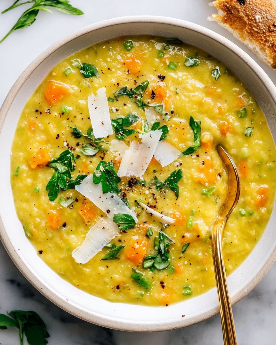 A white bowl filled with thick yellow-green pea soup with visible soft orange carrot slices inside, topped with fresh green parsley leaves scattered around and one larger leaf in the center, white shavings of cheese, and cracked black pepper sprinkled on top; a brass spoon rests on the right side inside the bowl touching the soup; the bowl is placed on a white marbled surface with a mustard-colored cloth partially under it, broken pieces of toasted bread near the top right corner, and a slice of lemon partially visible at the bottom right corner; photo taken with an iphone --ar 4:5 --v 7