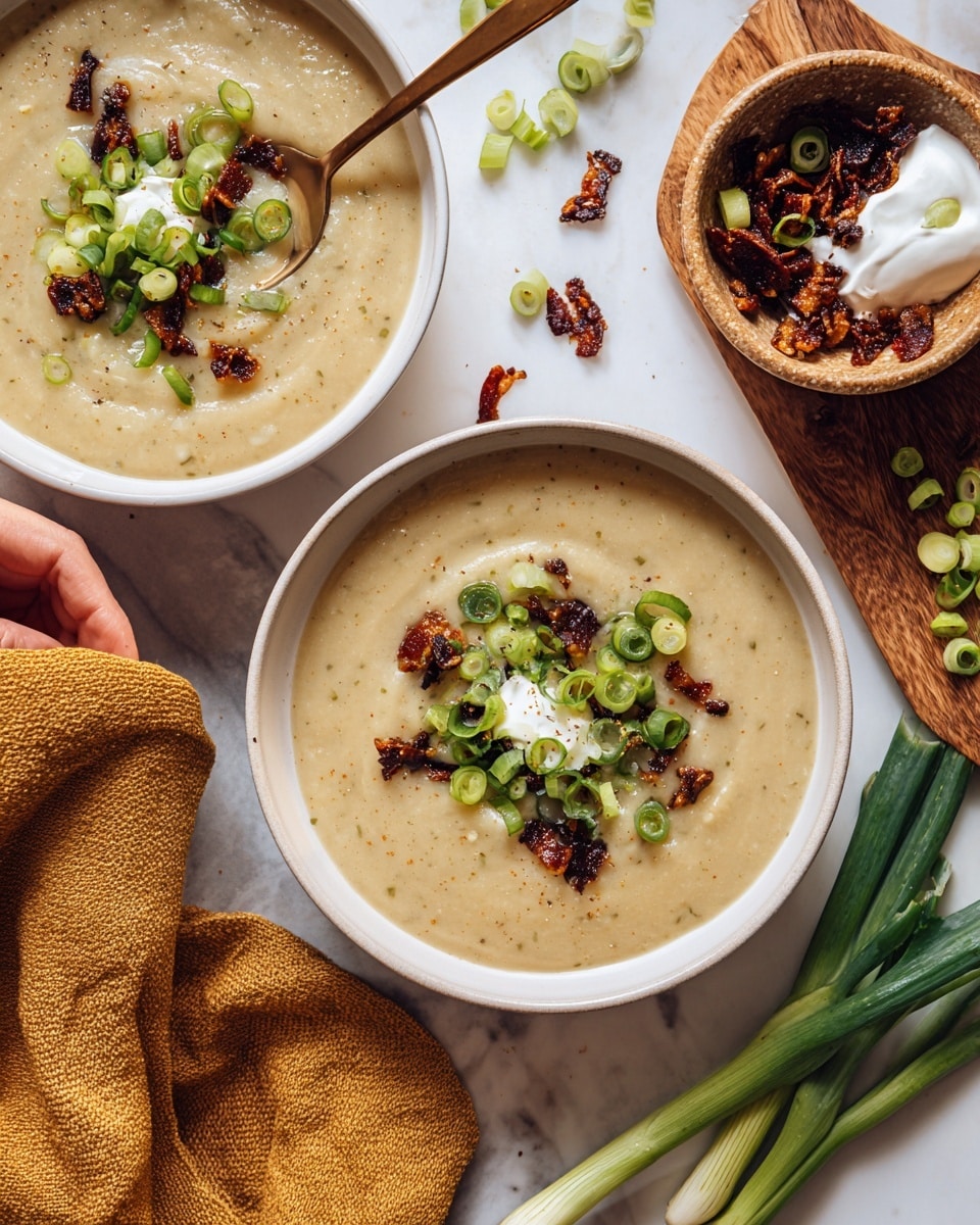 A creamy beige soup fills two white bowls, with a slightly thick and textured appearance. Each bowl shows three layers on top: a dollop of white cream in the center, a sprinkle of dark brown crispy bits scattered around, and fresh green sliced scallions placed on top. The bowls sit on a white marbled surface, surrounded by scattered green scallions and a small rustic bowl of more crispy bits held by a woman's hand. A mustard-colored cloth lies softly folded next to one bowl, and a small wooden board with more scallions and white cream is partly visible. Photo taken with an iphone --ar 4:5 --v 7
