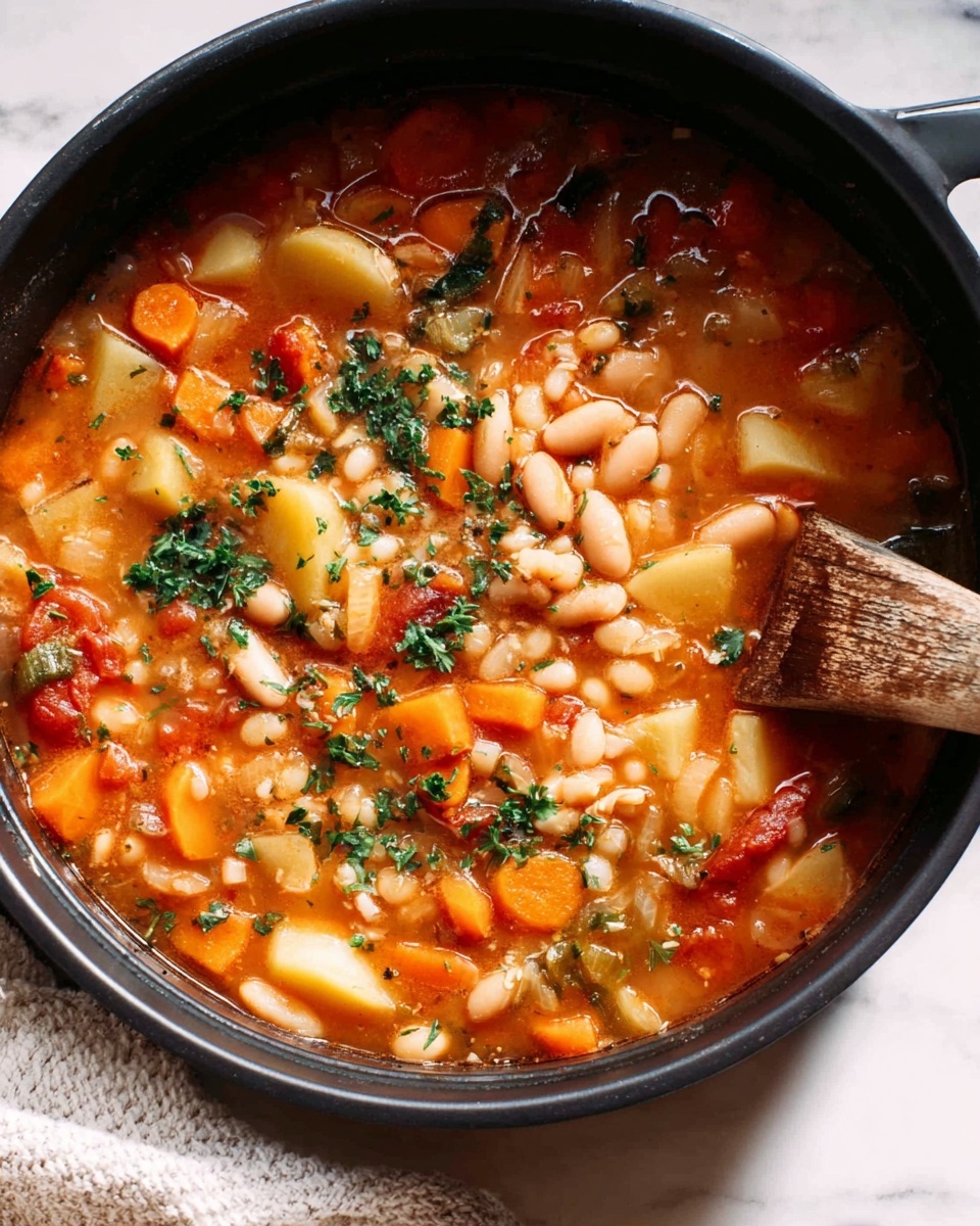 A white bowl filled with a vegetable and bean soup sitting on a white marbled surface. The soup has a light orange broth with visible layers of ingredients including light brown beans, orange carrot slices, beige potato chunks, small pieces of red tomato, white beans, and some small bits of green herbs sprinkled on top. The vegetables and beans are soft and chunky, mixed evenly throughout the broth. A silver spoon rests in the bowl, angled towards the top right. The background shows a corner of a white cloth napkin on the right side of the image. photo taken with an iphone --ar 4:5 --v 7