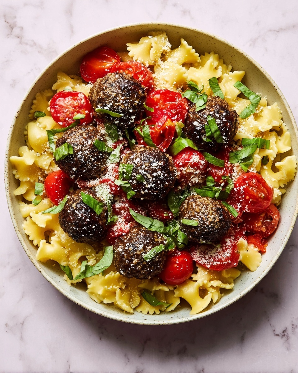 A white bowl holds a layered pasta dish with three main layers visible. The bottom layer is pale yellow pasta with a wavy edge, filling the bowl and forming a soft textured base. On top of the pasta, there are several bright red roasted tomato slices scattered around. The top layer has seven dark brown meatballs arranged in the middle, sprinkled with white cheese shreds and thin green basil strips. A silver fork rests on the side inside the bowl. The bowl is placed on a white marbled surface. photo taken with an iphone --ar 4:5 --v 7