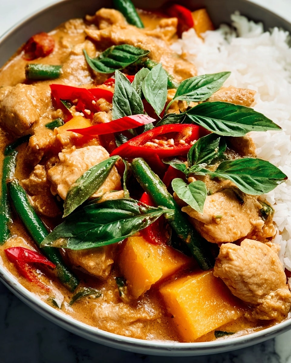 A large silver pan filled with a creamy orange curry sauce as the base layer with visible smooth texture, floating in it are yellow-orange chunks of squash and light beige strips of cooked chicken evenly spread across the pan. Red slices of chili and long green chili peppers are scattered throughout, adding vibrant red and green colors. Fresh green basil leaves are placed on top as the final layer, giving a fresh leafy look. The pan sits on a white marbled surface. photo taken with an iphone --ar 4:5 --v 7