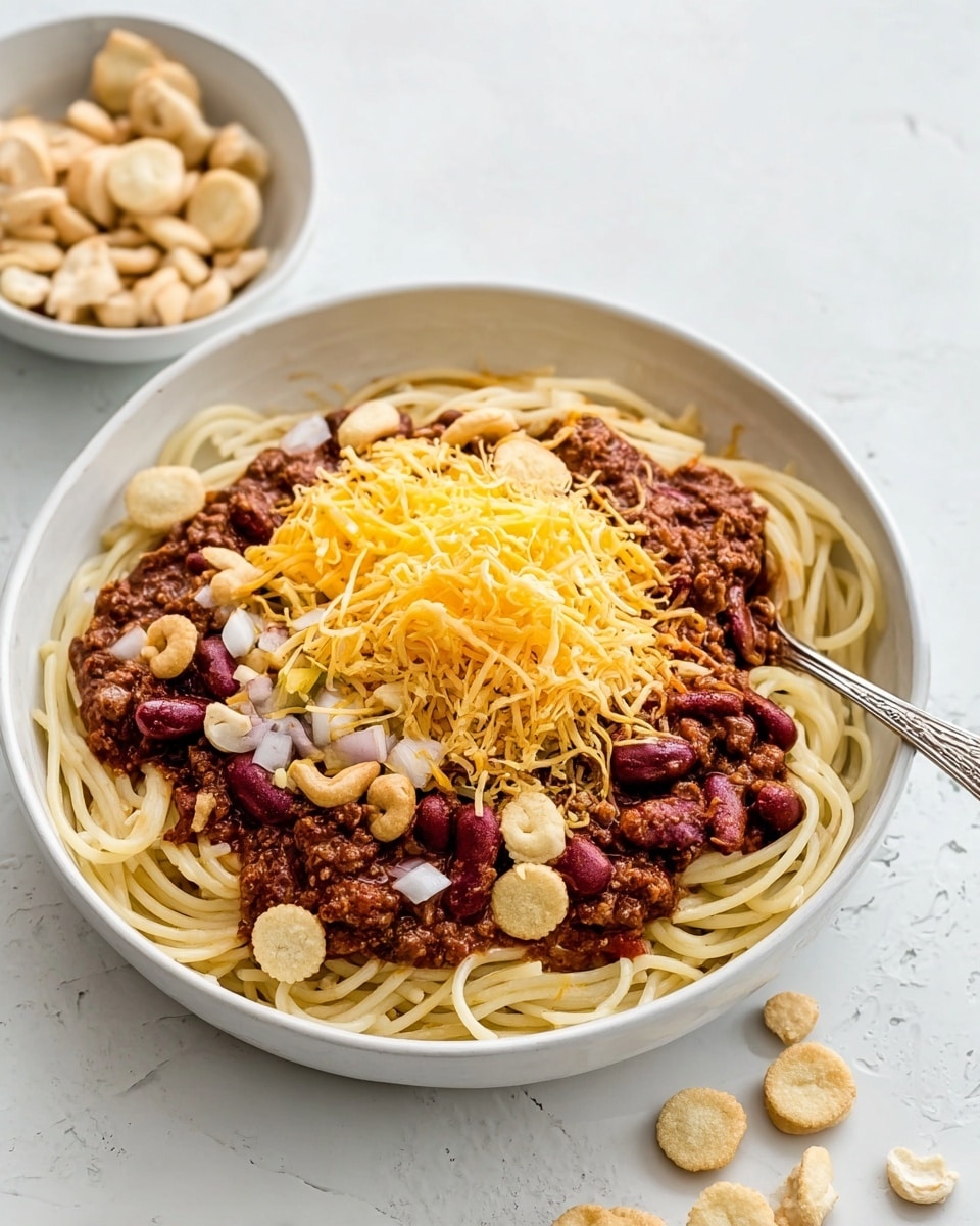 A white shallow bowl contains a layered dish starting with a base of long spaghetti noodles, pale yellow and slightly curled, mostly visible at the edges and partially twisted with a fork. On top, there is a generous layer of thick chili with red kidney beans and ground meat, rich dark brown and reddish in color, spread unevenly showing some noodles beneath. A bright yellow shredded cheese covers the central part in a loose heap. Small pieces of white chopped onion are sprinkled over the cheese and chili. Scattered on top and around the edges are small round beige oyster crackers. The bowl sits on a white marbled surface, with a smaller white bowl of oyster crackers partially visible on the side. A woman's hand is not visible but implied as the fork is positioned inside the dish. Photo taken with an iphone --ar 4:5 --v 7