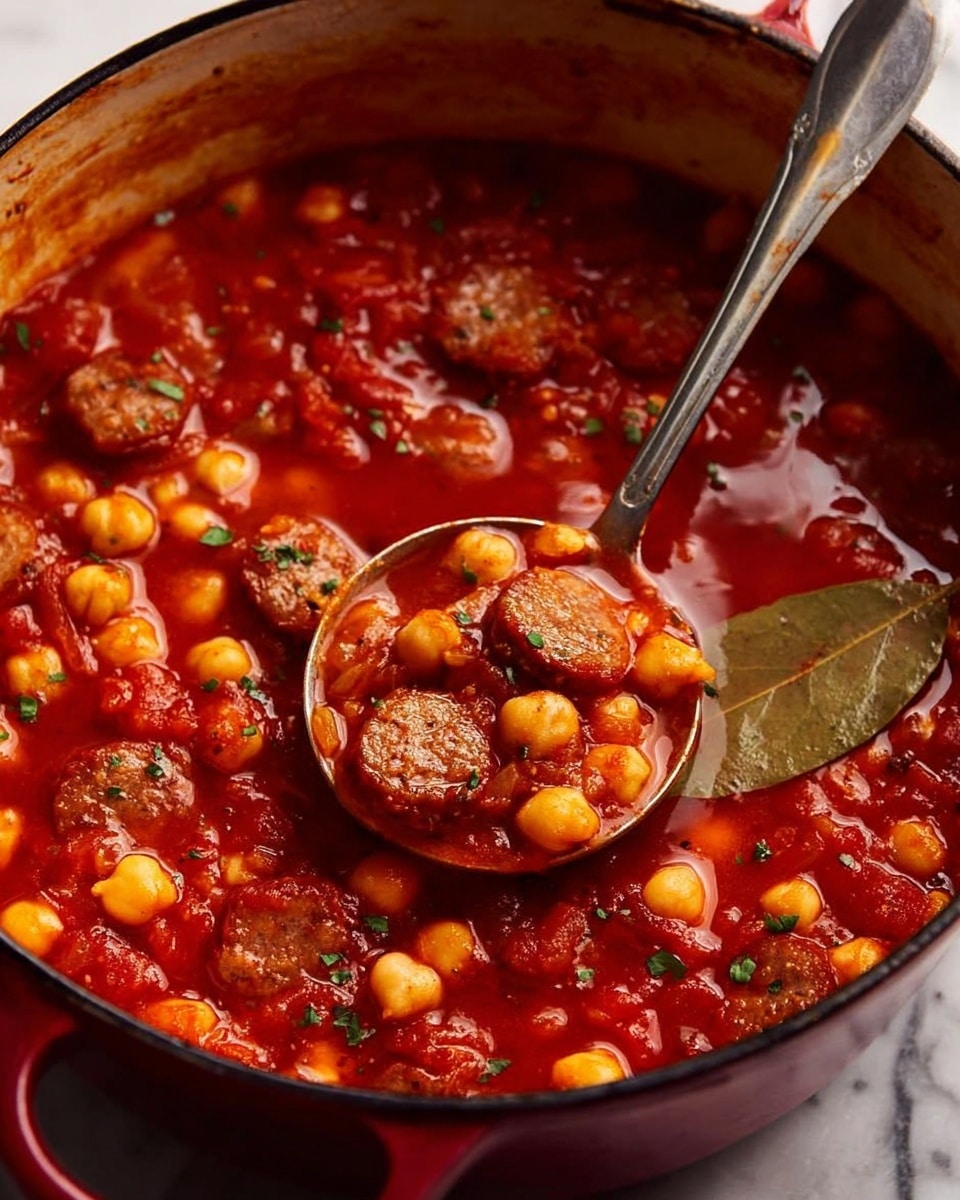 A close-up view of a red pot filled with a thick red stew that has three visible layers: the base layer is a chunky tomato sauce with a smooth texture, scattered throughout with light yellow chickpeas, the second layer shows round brown meat slices sitting evenly in the sauce, and the top layer is lightly sprinkled with small green herbs. A silver ladle rests in the pot lifting some stew, and a bay leaf is partially submerged on the right side. The pot sits on a white marbled surface photo taken with an iphone --ar 4:5 --v 7