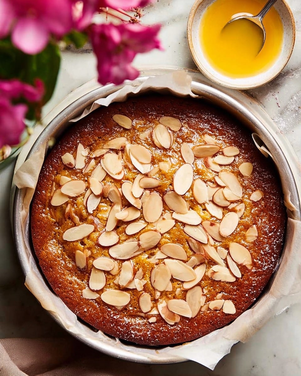A close-up view of a round brown cake topped generously with thin, light beige almond slices scattered all over its surface. The cake is in a round white baking pan lined with parchment paper that has edges slightly folded outward. A small bowl with a bright yellow sauce and a spoon inside is visible in the top right corner, resting on a white marbled surface. Part of a plant with pink flowers is slightly visible on the top left edge. The overall scene has warm, natural lighting. photo taken with an iphone --ar 4:5 --v 7