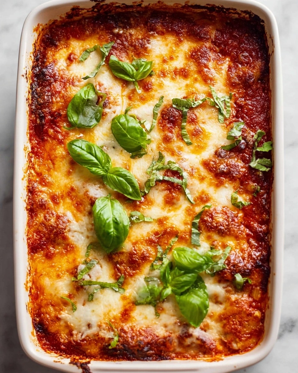 A white rectangular baking dish holds a layered baked dish with a top layer of melted, golden-brown cheese that looks bubbly and slightly crispy at the edges. The cheese covers a red, tomato-based sauce peeking through in some places. Fresh green basil leaves are scattered on top, adding a bright, fresh contrast to the cheese. The edges of the dish show slight browning from baking. The dish is set on a white marbled surface. photo taken with an iphone --ar 4:5 --v 7