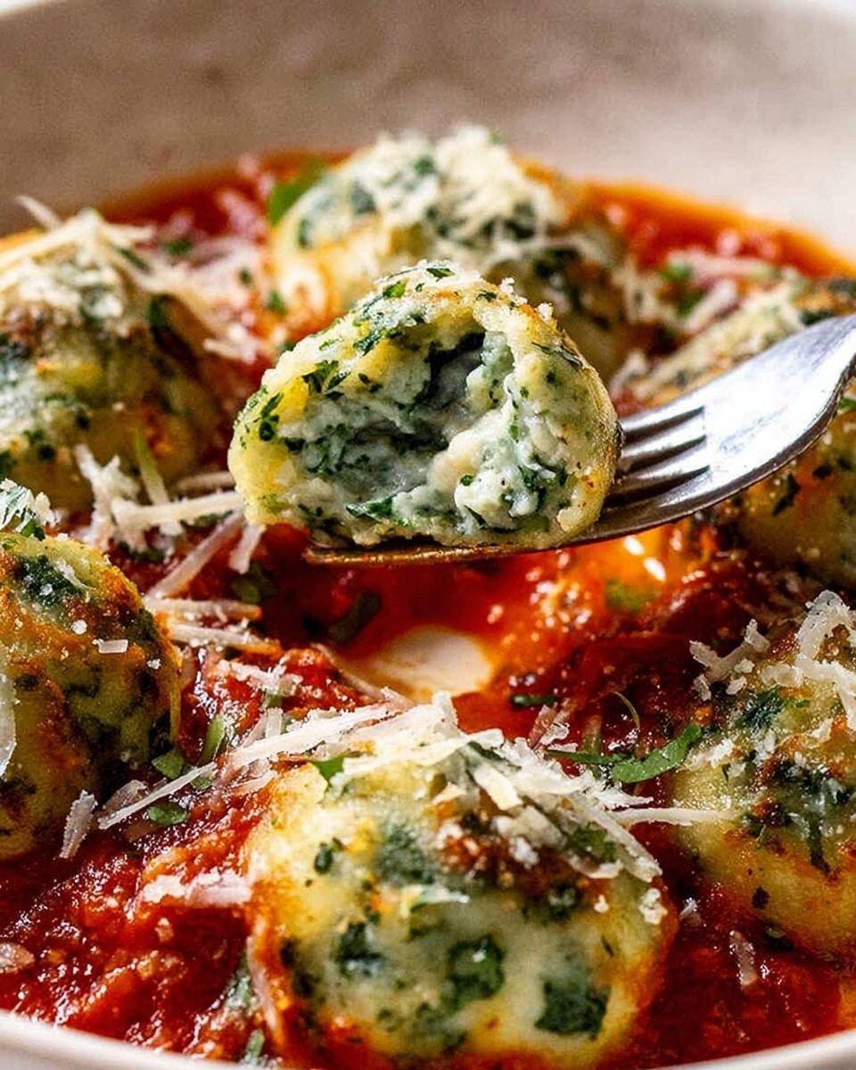 A white bowl filled with several pieces of golden-brown dumplings mixed with green herbs on top of a bright red tomato sauce. The dumplings look soft with a slightly crispy outside and are sprinkled with finely shredded white cheese. Small green basil leaves are scattered on top, adding freshness. The bowl is placed on a white marbled surface with a silver fork resting in the bowl. photo taken with an iphone --ar 4:5 --v 7