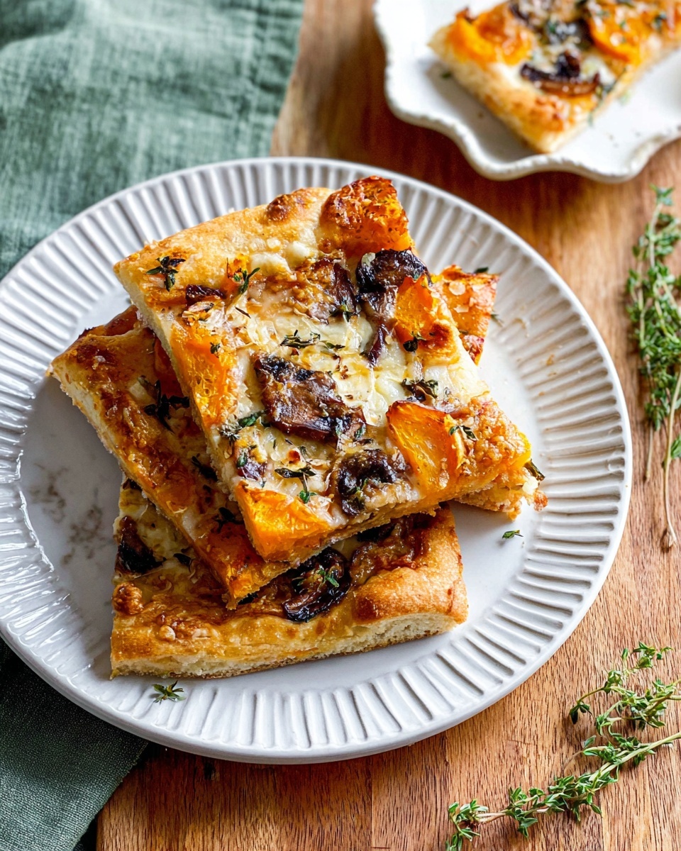 Three square slices of pizza sit stacked on a white plate with ridged edges. The bottom layer is a golden, thick crust with melted cheese that has browned slightly. The top layer has orange pumpkin slices, small dark brown mushroom pieces, and scattered fresh green herbs, with some melted cheese sprinkled on top. The plate is on a wooden surface, but the background should be shown as a white marbled texture. In the top right corner, a white scalloped dish holds a close-up of a pizza slice. A small green cloth and sprigs of herbs are beside the plate. Photo taken with an iphone --ar 4:5 --v 7