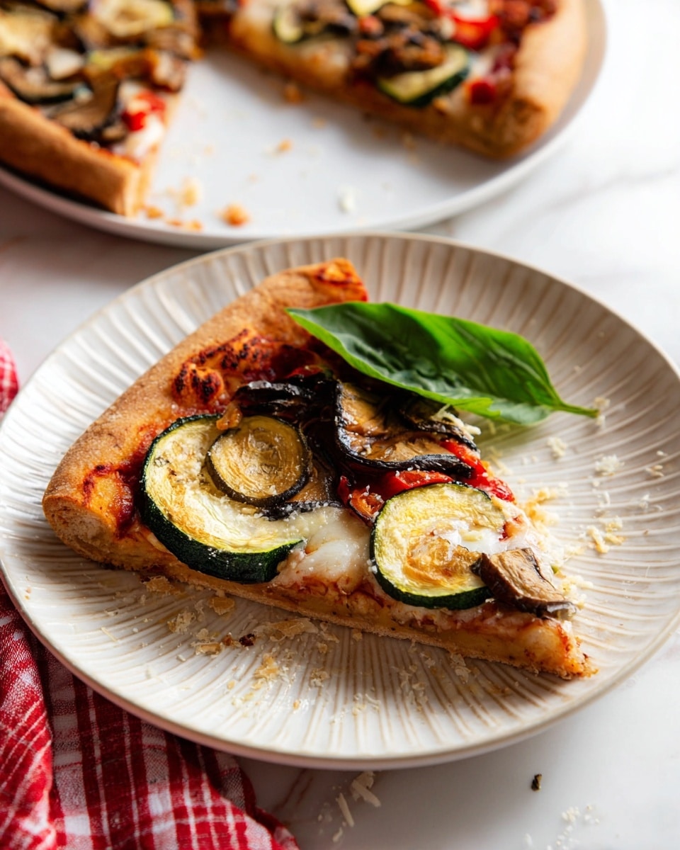 A close-up view of a vegetable pizza on a white plate showing a thick golden-brown crust as the base layer. On top of the crust is a red tomato sauce layer spread evenly, followed by a melted light yellow cheese layer covering the surface. The top layer consists of grilled vegetable slices including dark purple eggplant, green zucchini, red and yellow bell peppers, and some purple onion pieces. There are fresh green basil leaves scattered on top for garnish. The plate rests on a white marbled surface with a red and white checkered cloth partially visible at the bottom left corner. Photo taken with an iphone --ar 4:5 --v 7