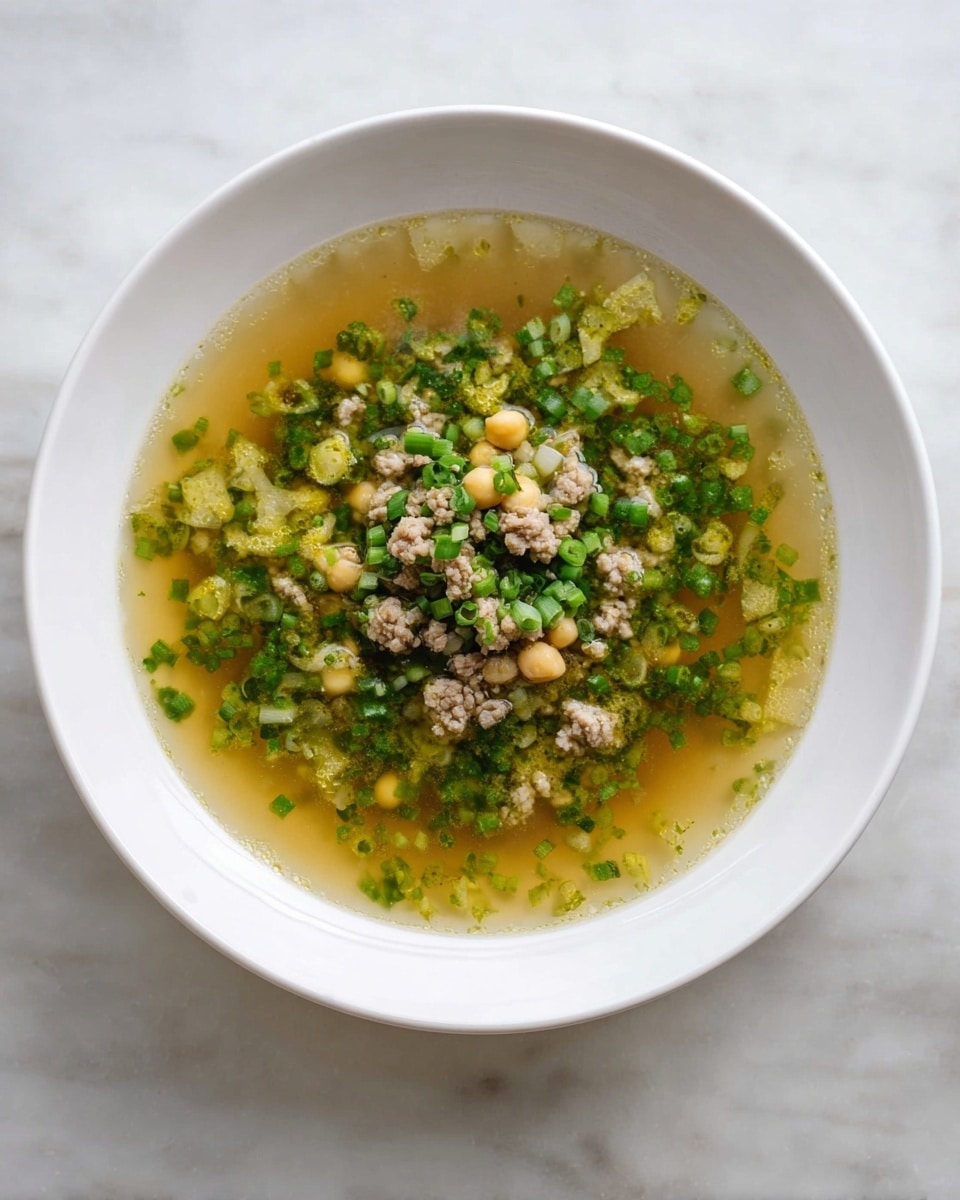 A white bowl sits on a white marbled surface filled with a clear broth soup, layered with small, light brown meat pieces spread evenly throughout. Scattered yellow chickpeas float alongside small, white diced vegetables mixed with green herbs and thin slices of green stems, adding a fresh touch. A silver spoon is partially immersed in the soup, resting on the edge of the bowl with its handle extending outwards. photo taken with an iphone --ar 4:5 --v 7