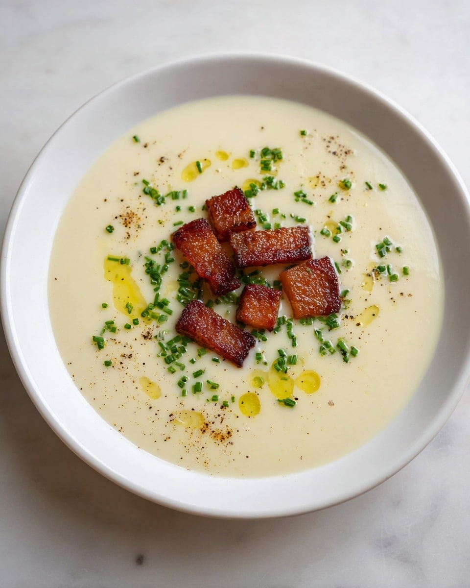 A white bowl holds a smooth, creamy pale yellow soup as the first layer, with a few drops of golden oil scattered on top. The second layer features small, browned cubes of cooked meat placed in the center. These are surrounded by finely chopped green chives and a light sprinkling of black pepper or seasoning. A silver spoon with a floral handle rests inside the bowl, touching the soup. The bowl sits on a pale beige cloth on a white marbled surface. A clear glass with a light drink is partly visible in the top right corner. photo taken with an iphone --ar 4:5 --v 7