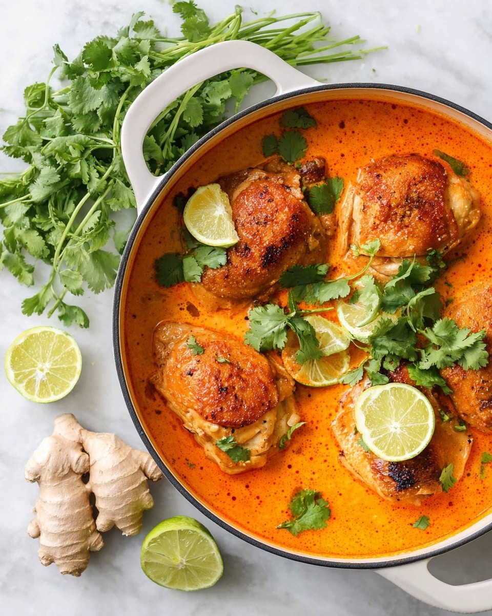 A white pot filled with four browned chicken pieces in a smooth, bright orange sauce. The chicken sits in the sauce with fresh green cilantro leaves scattered on top and around them. Three lime halves rest on the edge of the pot, with one lime half partially submerged in the sauce near the bottom. Around the pot on a white marbled surface are fresh cilantro sprigs, a piece of fresh ginger, and lime wedges. The scene is bright and fresh with a mix of orange, green, and light beige colors. Photo taken with an iphone --ar 4:5 --v 7