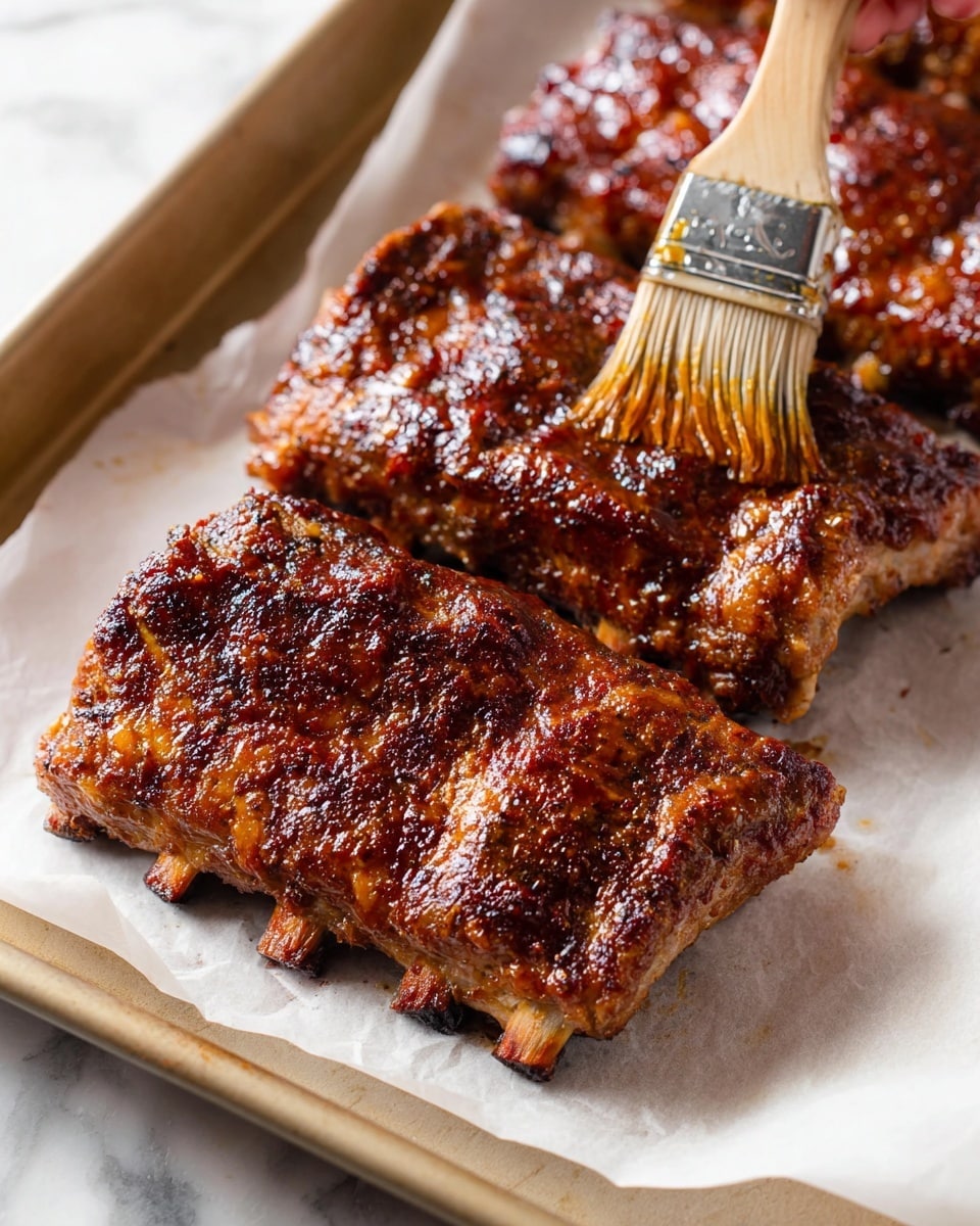 The image shows a serving tray with four pieces of ribs coated in dark reddish-brown sauce, each piece having a slightly crispy, textured top layer. To the right of the ribs, there is a small glass bowl filled with more thick reddish-brown sauce and a white brush with a wooden handle resting in it. Below the ribs, a clear glass bowl contains coleslaw made of shredded white and purple cabbage, orange carrot strips, and a creamy dressing mixed in. To the right of the glass bowl, a small glass jar holds several slices of yellow-green pickles in liquid. Everything is placed on a white marbled surface. photo taken with an iphone --ar 4:5 --v 7