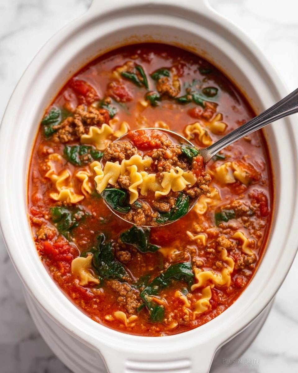 A white bowl holds a warm tomato soup filled with wavy pasta, small chunks of cooked sausage, and green spinach pieces spread throughout the rich red broth. On top toward one side is a large dollop of soft white cheese, sprinkled with shredded cheese and small green herb bits. A silver spoon rests inside the bowl, partly covered by the cheese. The bowl is set on a white marbled surface with a striped cloth beneath. Two small glass bowls with chopped green leaves and grated cheese are nearby. Photo taken with an iphone --ar 4:5 --v 7